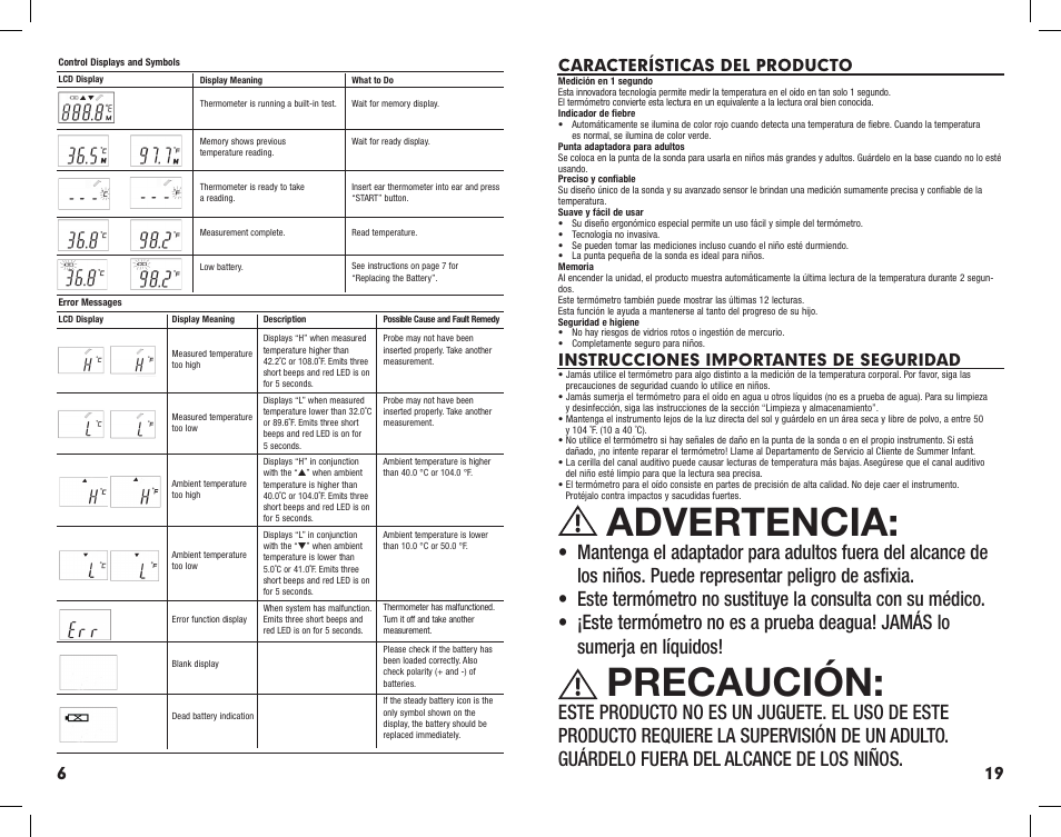 Advertencia, Precaución, Características del producto | Instrucciones importantes de seguridad | Summer Infant Ear Thermometer User Manual | Page 20 / 25