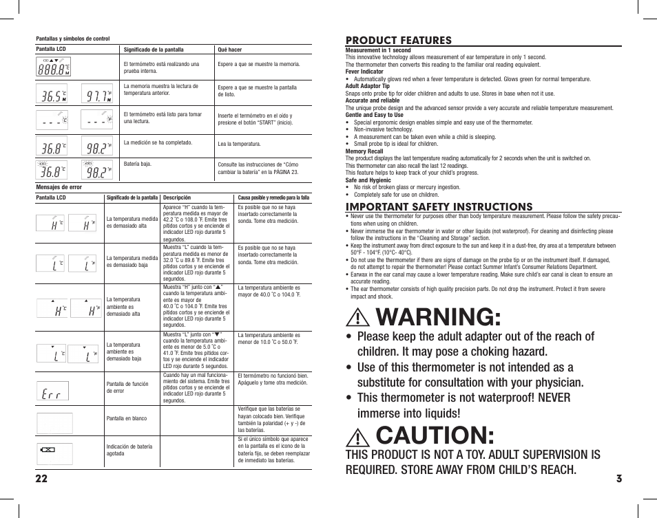 Warning, Caution, 22 3 product features | Important safety instructions | Summer Infant Ear Thermometer User Manual | Page 23 / 25