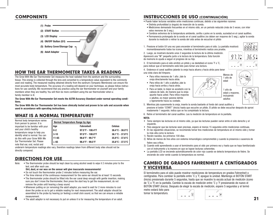 How the ear thermometer takes a reading, What is a normal temperature, Directions for use | Instrucciones de uso | Summer Infant Ear Thermometer User Manual | Page 5 / 25