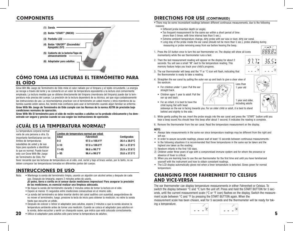 Changing from fahrenheit to celsius and vice-versa, Directions for use, Cómo toma las lecturas el termómetro para el oído | Cuál es la temperatura normal, Instrucciones de uso, Componentes | Summer Infant Ear Thermometer User Manual | Page 6 / 25