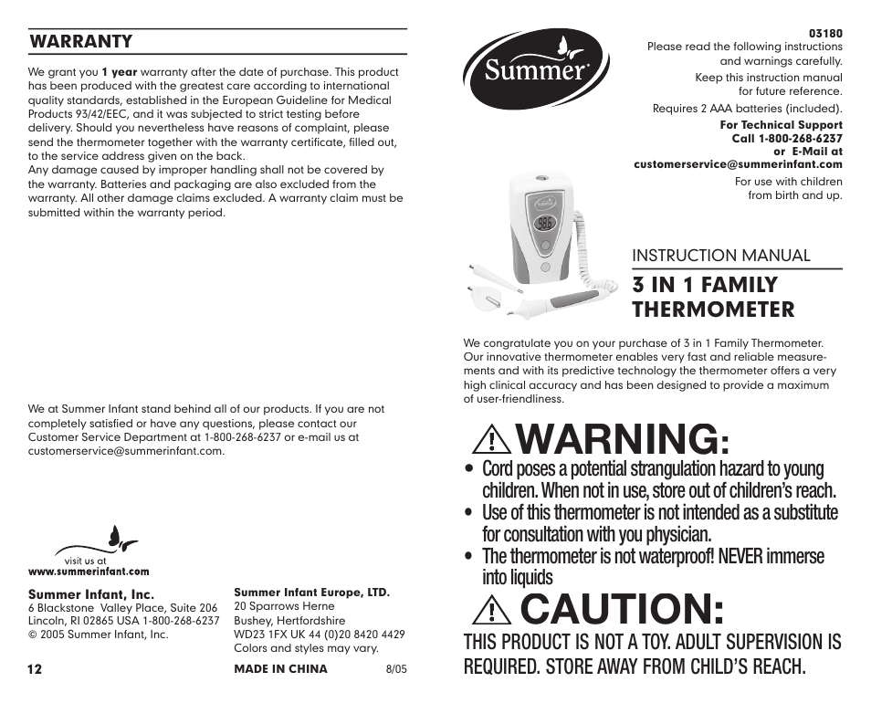 Summer Infant 3180 User Manual | 12 pages