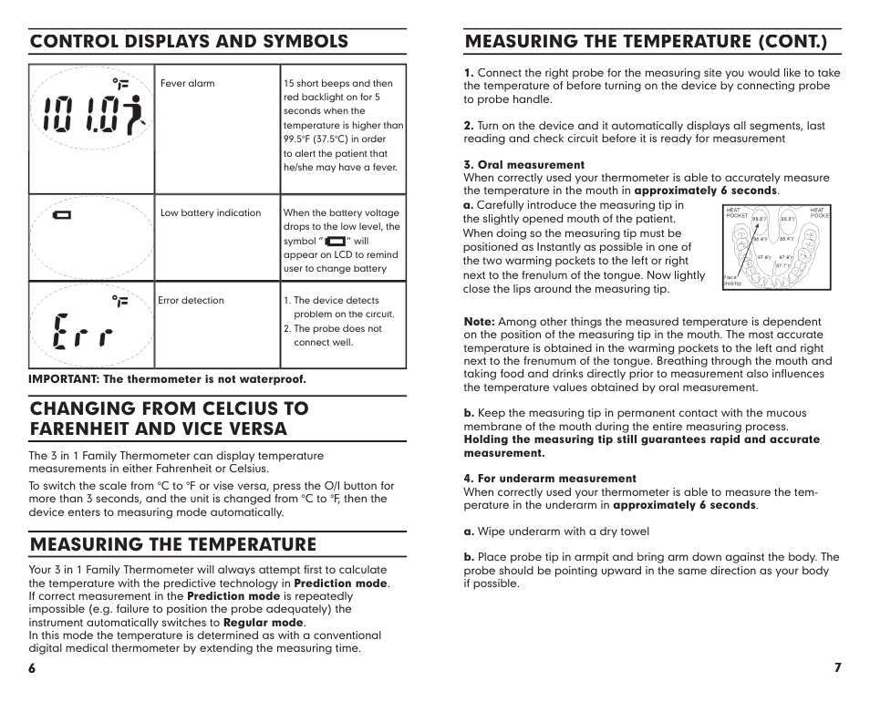 Measuring the temperature (cont.), Control displays and symbols | Summer Infant 3180 User Manual | Page 7 / 12