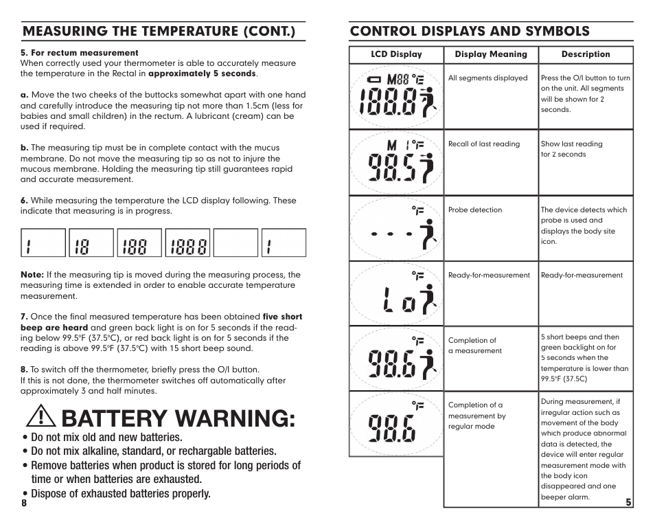 Battery warning, Measuring the temperature (cont.), Control displays and symbols | Summer Infant 3180 User Manual | Page 8 / 12