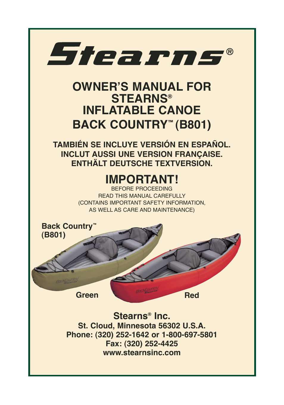 Stearns Recreational Back Country B801 Green Red User Manual | 74 pages