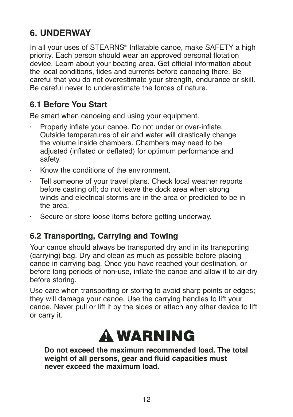 Underway, 1 before you start, 2 transporting, carrying and towing | Stearns Recreational Back Country B801 Green Red User Manual | Page 14 / 74