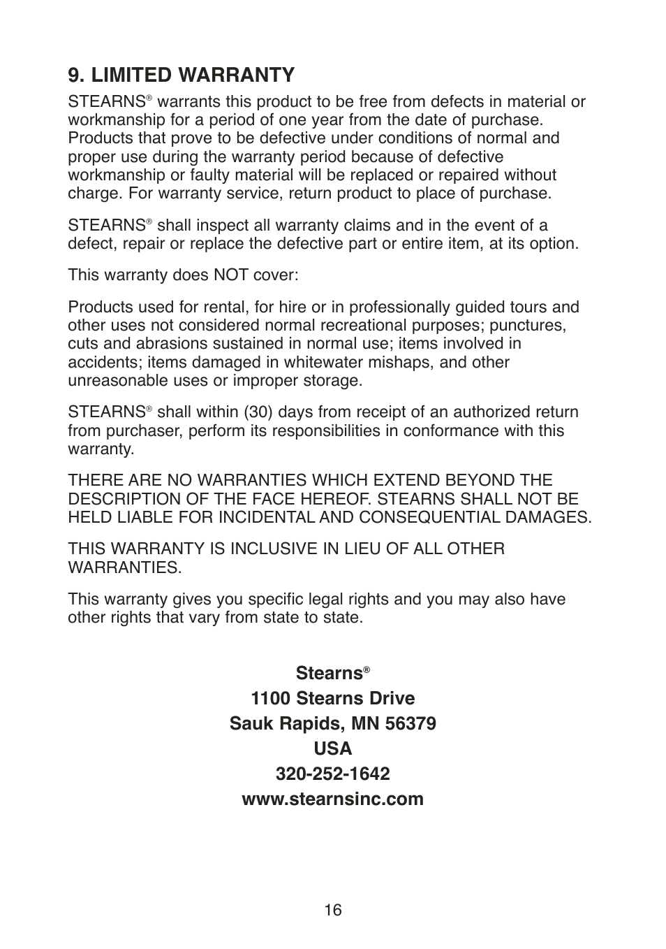 Limited warranty, Stearns | Stearns Recreational Back Country B801 Green Red User Manual | Page 18 / 74
