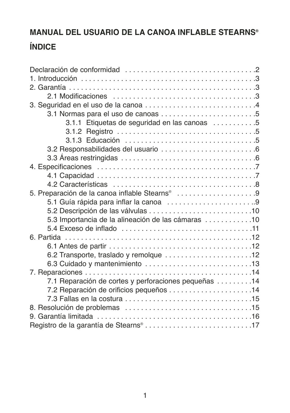 Manual del usuario de la canoa inflable stearns, Índice | Stearns Recreational Back Country B801 Green Red User Manual | Page 20 / 74