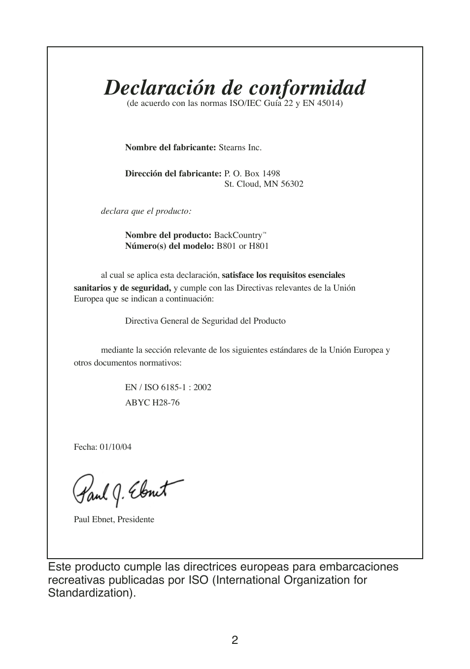 Declaración de conformidad | Stearns Recreational Back Country B801 Green Red User Manual | Page 21 / 74