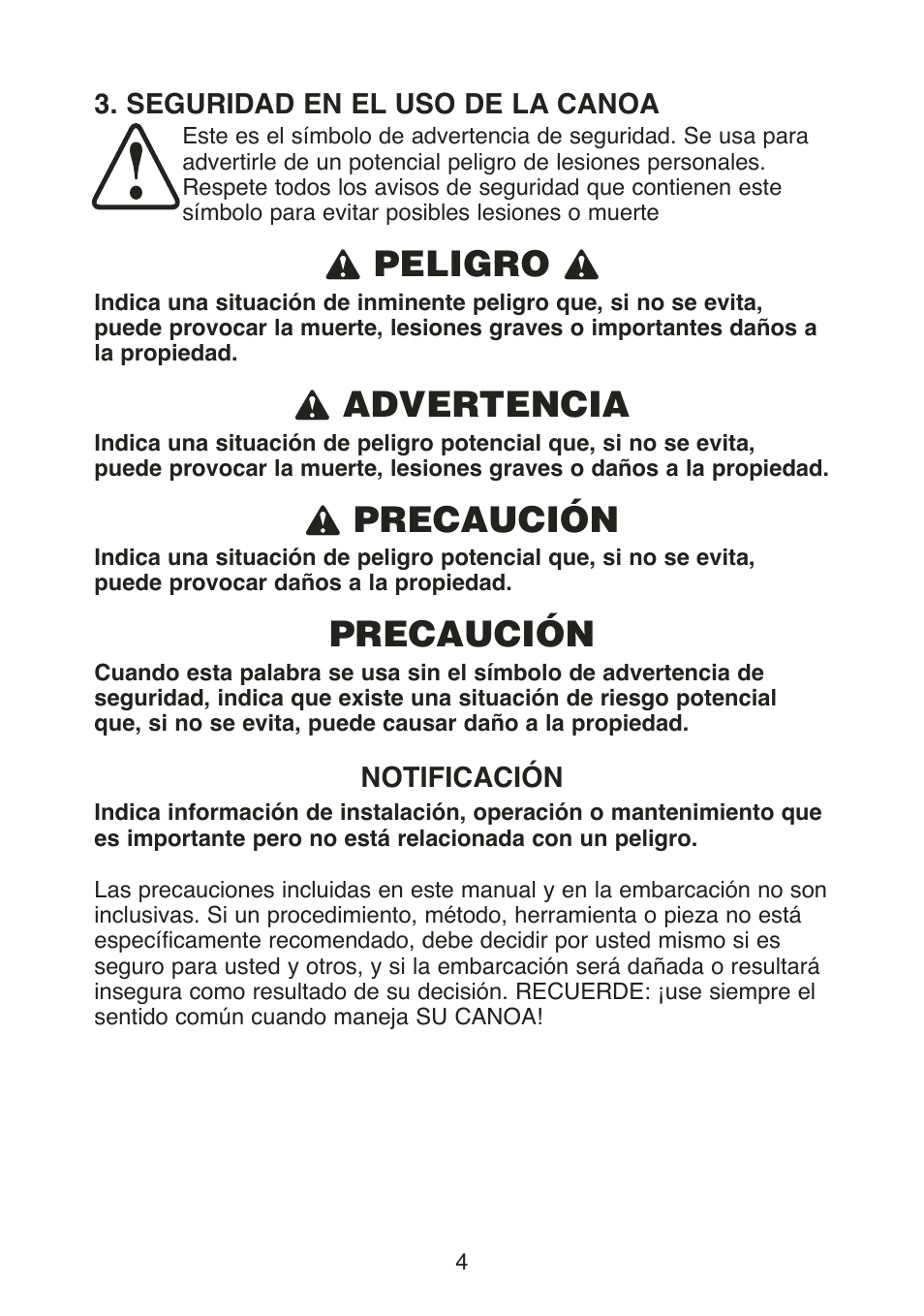 L peligro l, L advertencia, L precaución | Precaución | Stearns Recreational Back Country B801 Green Red User Manual | Page 23 / 74