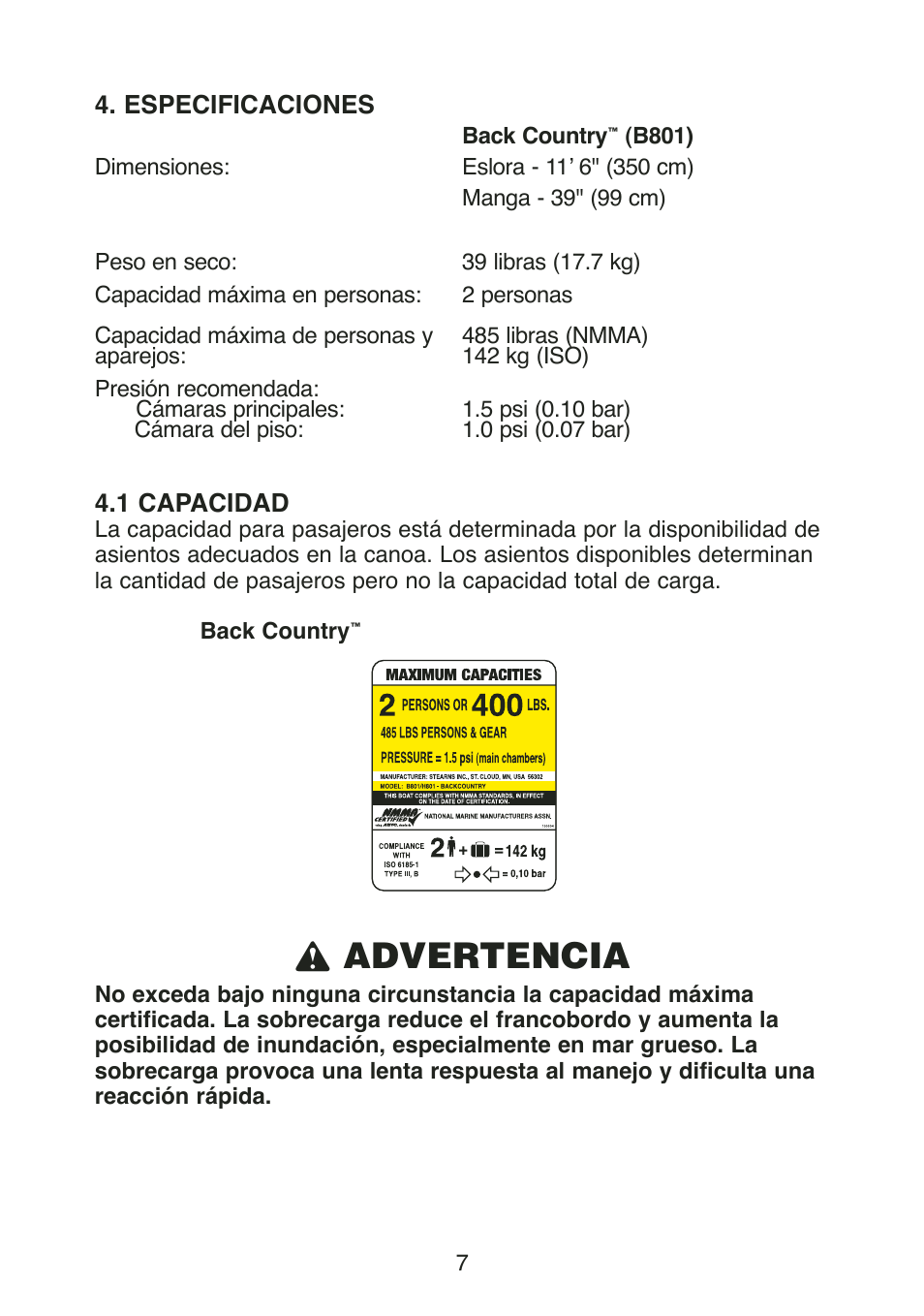 L advertencia | Stearns Recreational Back Country B801 Green Red User Manual | Page 26 / 74