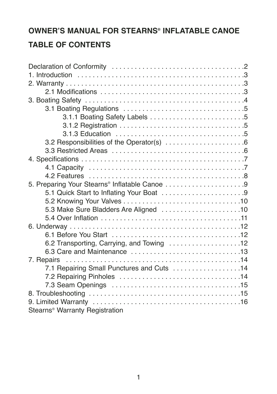 Owner’s manual for stearns, Inflatable canoe table of contents | Stearns Recreational Back Country B801 Green Red User Manual | Page 3 / 74