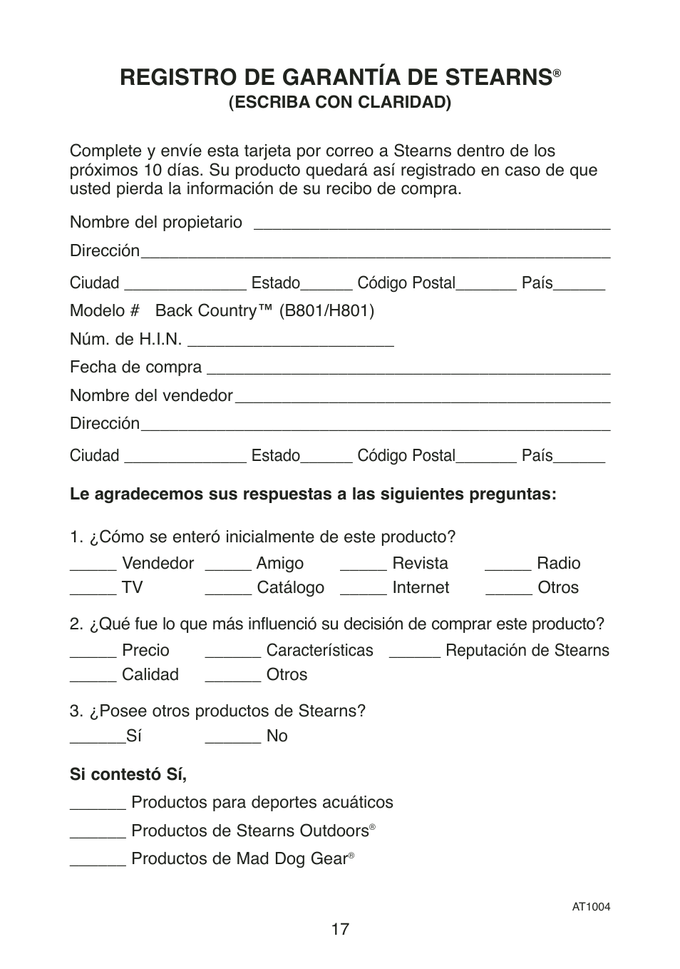 Registro de garantía de stearns | Stearns Recreational Back Country B801 Green Red User Manual | Page 36 / 74