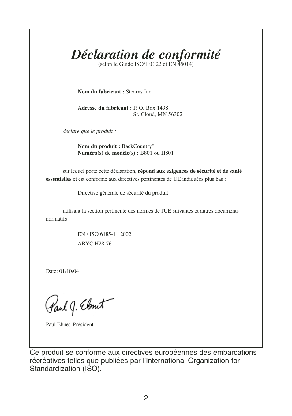 Déclaration de conformité | Stearns Recreational Back Country B801 Green Red User Manual | Page 39 / 74