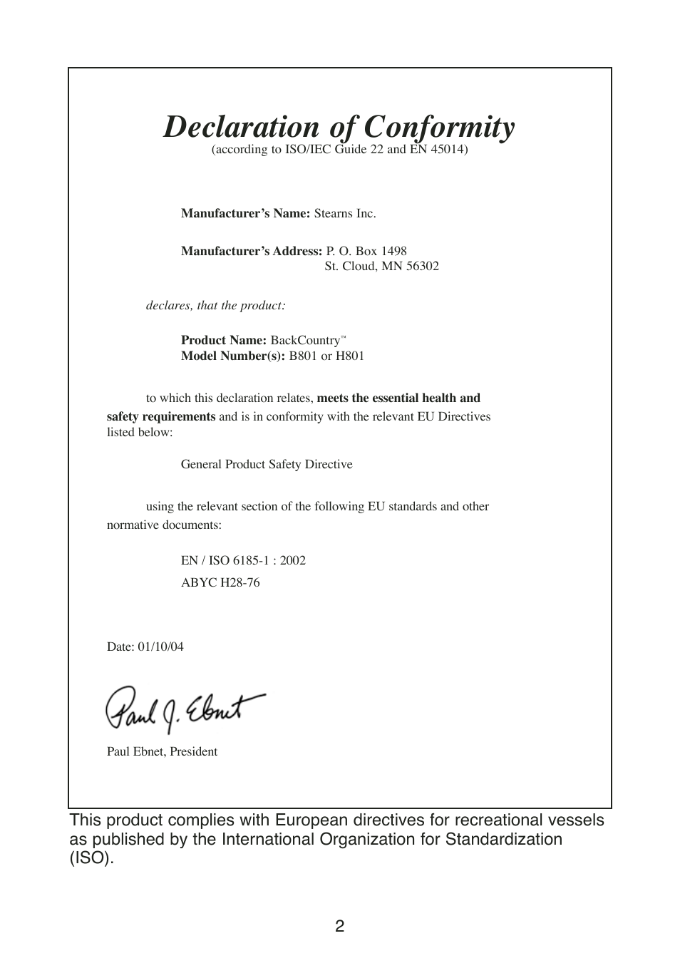 Declaration of conformity | Stearns Recreational Back Country B801 Green Red User Manual | Page 4 / 74