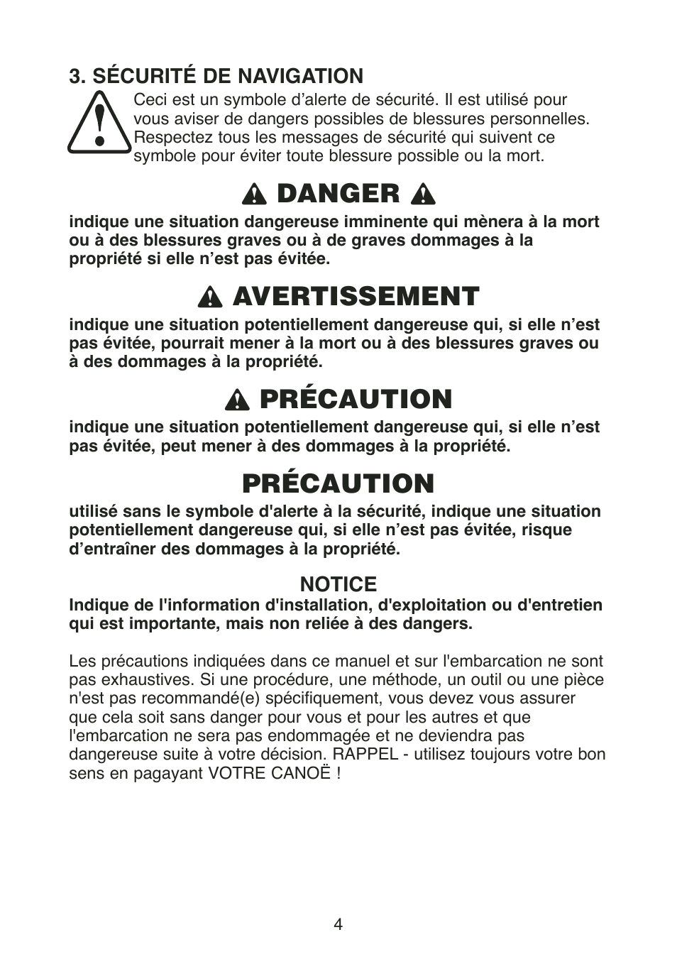 L danger l, L avertissement, L précaution | Précaution | Stearns Recreational Back Country B801 Green Red User Manual | Page 41 / 74