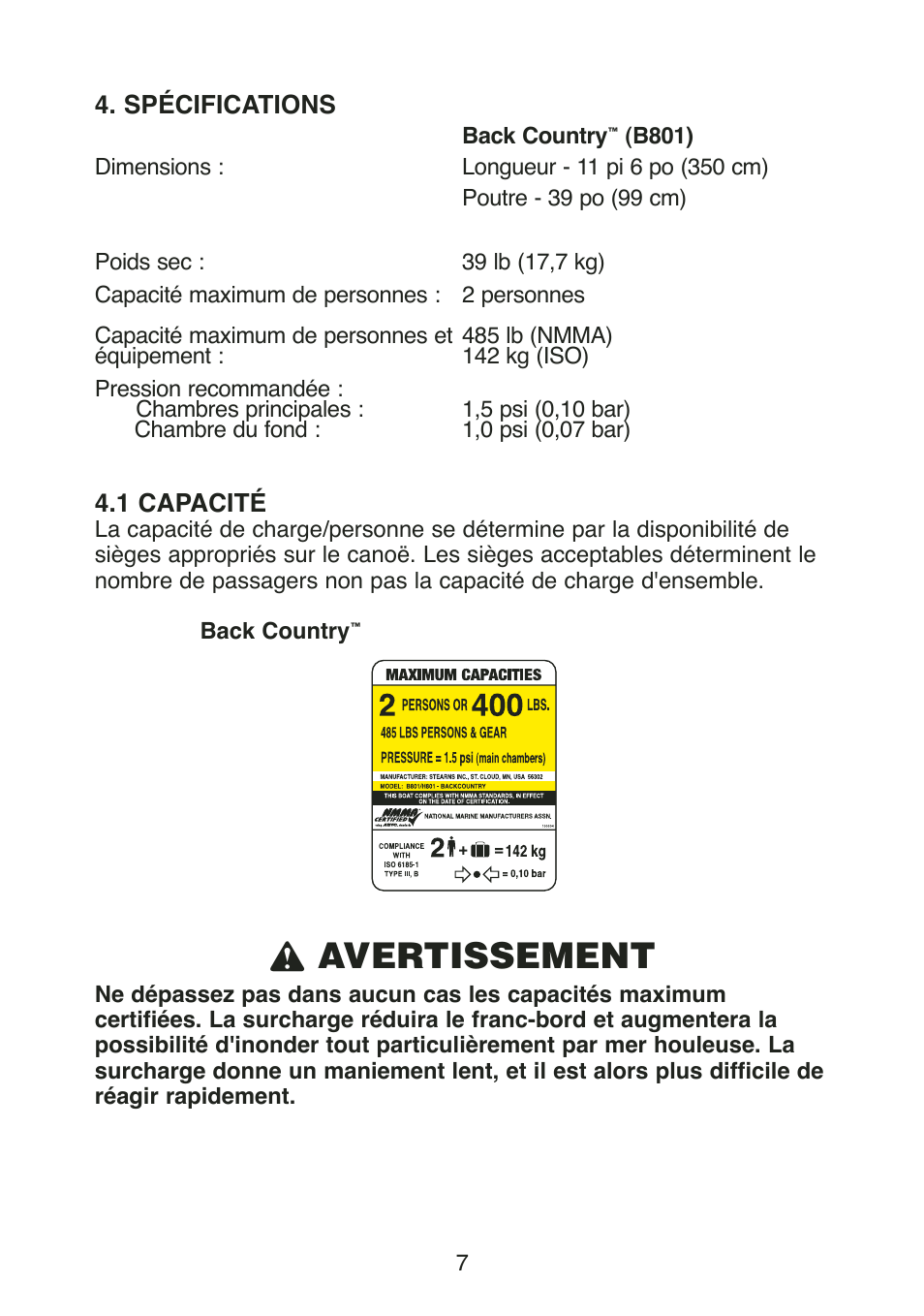 L avertissement | Stearns Recreational Back Country B801 Green Red User Manual | Page 44 / 74