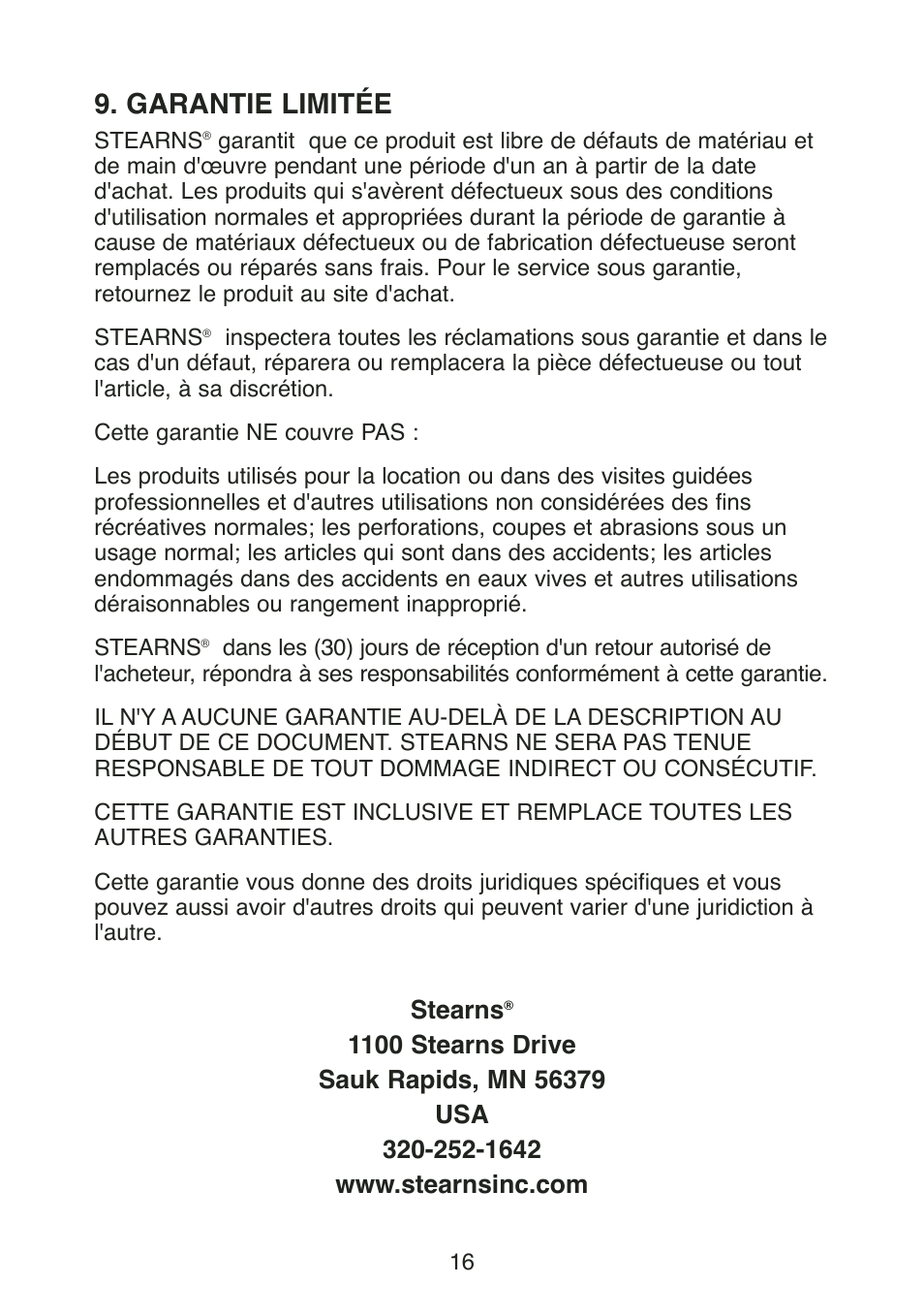 Garantie limitée, Stearns | Stearns Recreational Back Country B801 Green Red User Manual | Page 53 / 74
