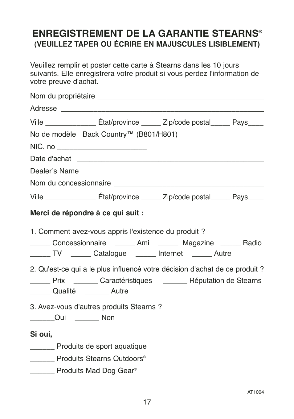 Enregistrement de la garantie stearns | Stearns Recreational Back Country B801 Green Red User Manual | Page 54 / 74