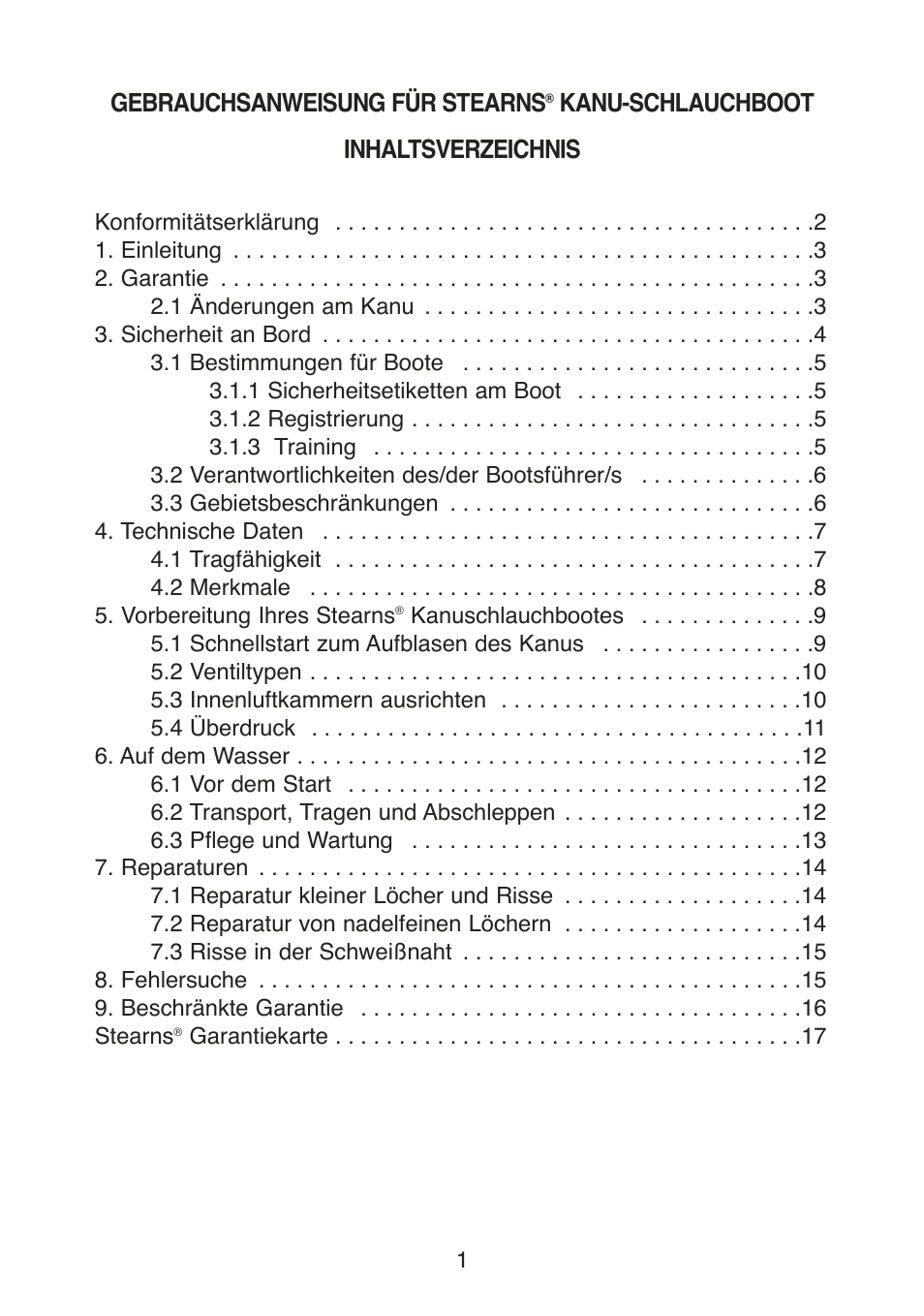 Gebrauchsanweisung für stearns, Kanu-schlauchboot inhaltsverzeichnis | Stearns Recreational Back Country B801 Green Red User Manual | Page 56 / 74