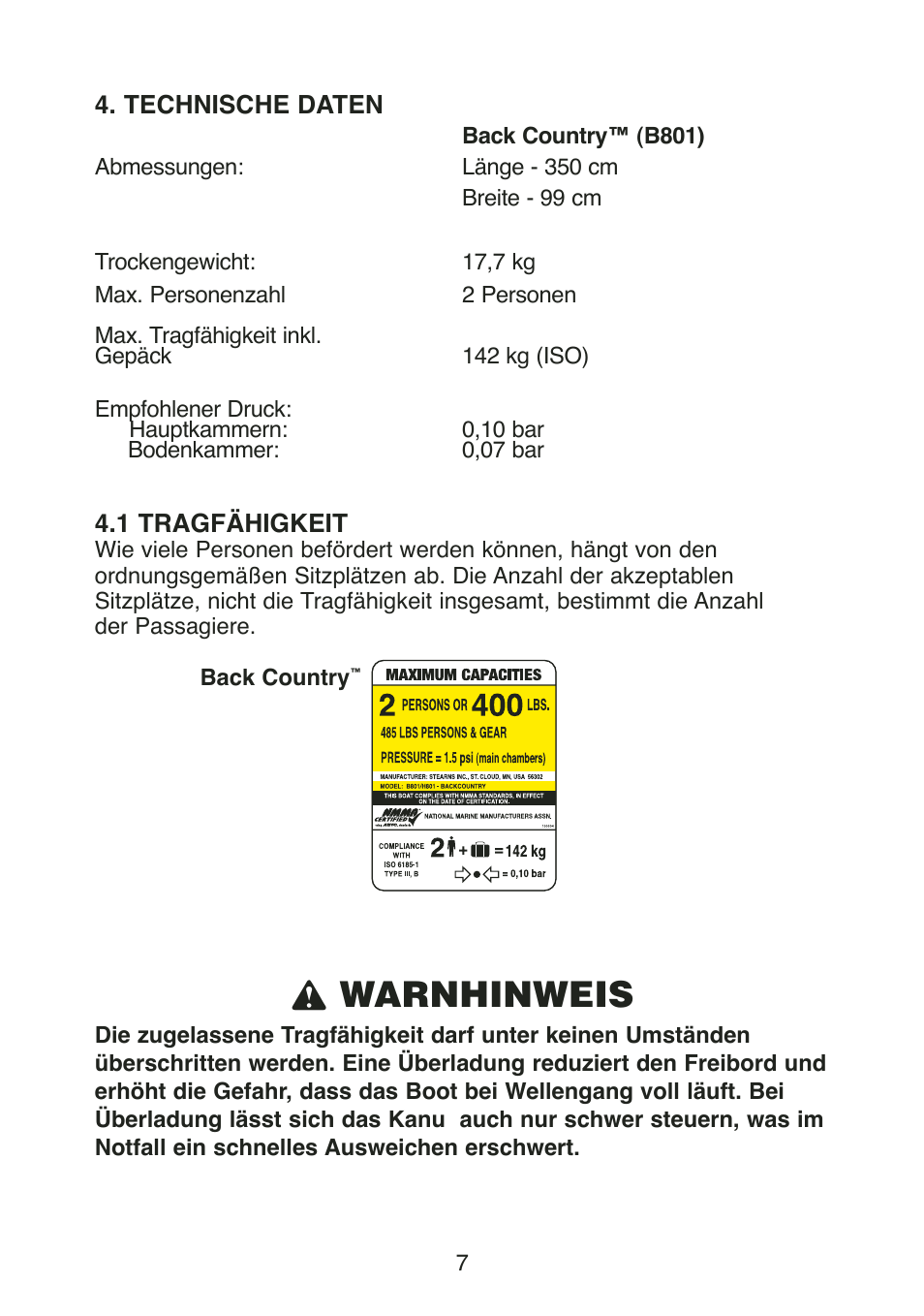 L warnhinweis | Stearns Recreational Back Country B801 Green Red User Manual | Page 62 / 74