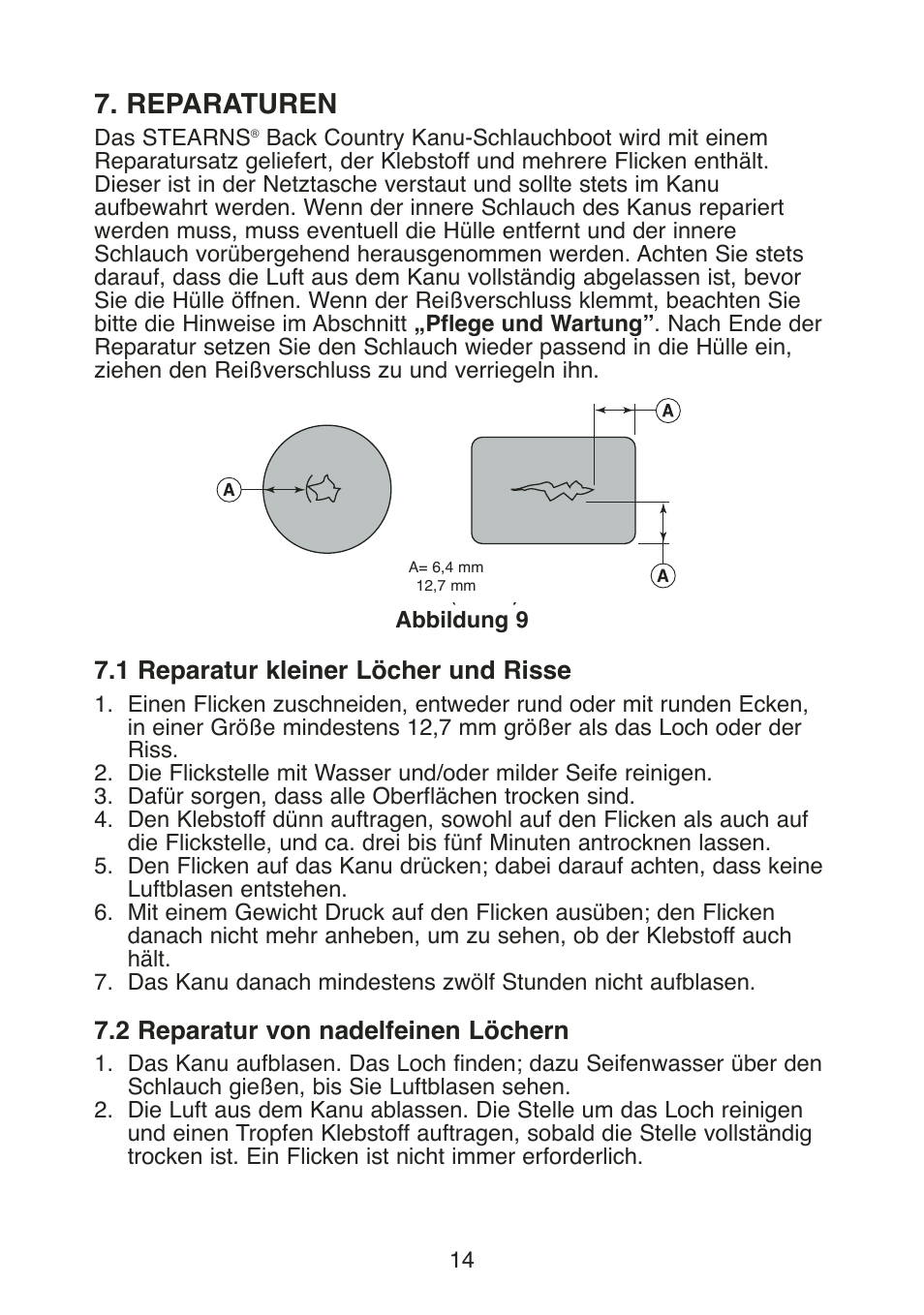 Reparaturen, 1 reparatur kleiner löcher und risse, 2 reparatur von nadelfeinen löchern | Stearns Recreational Back Country B801 Green Red User Manual | Page 69 / 74
