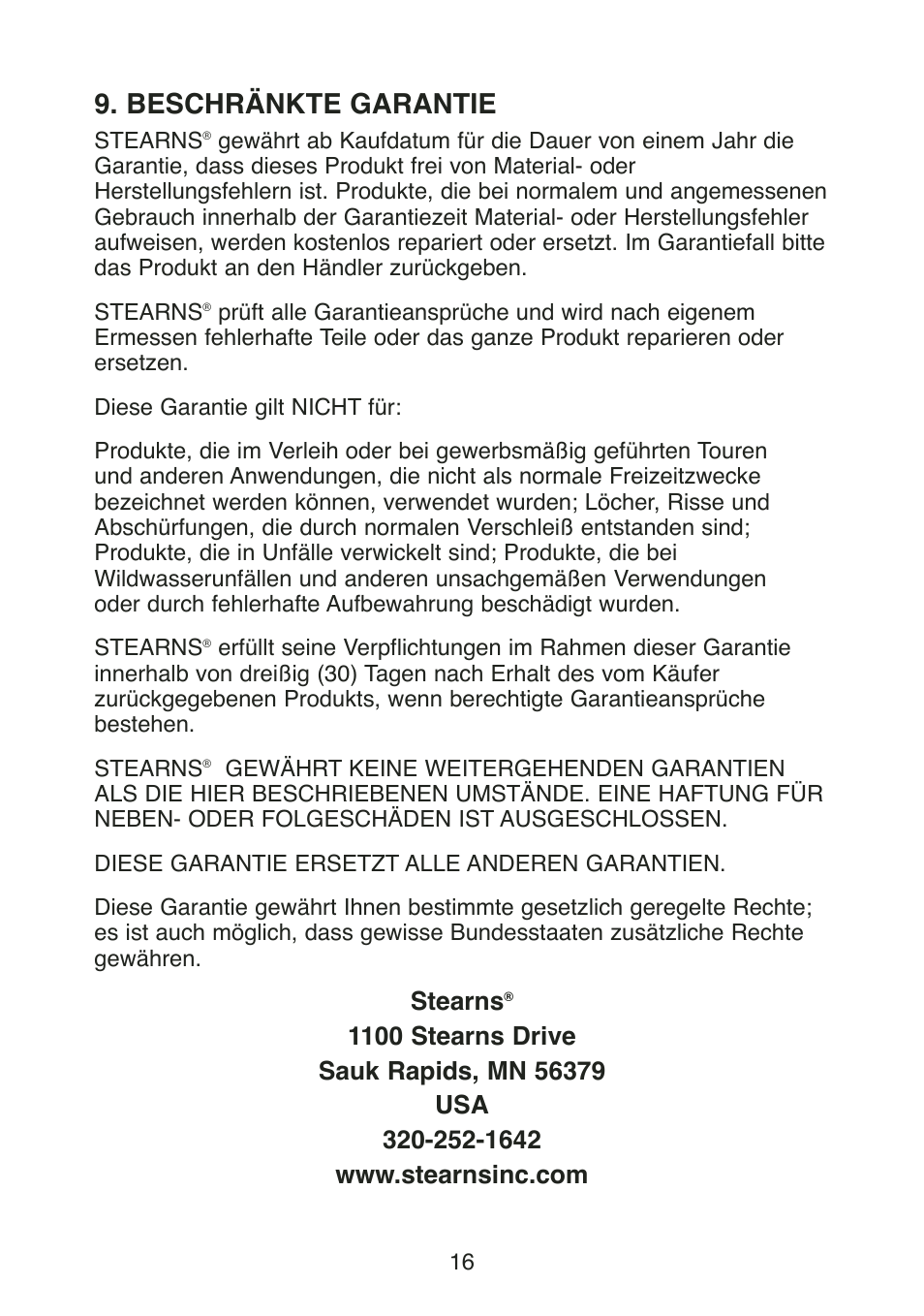 Beschränkte garantie, Stearns | Stearns Recreational Back Country B801 Green Red User Manual | Page 71 / 74