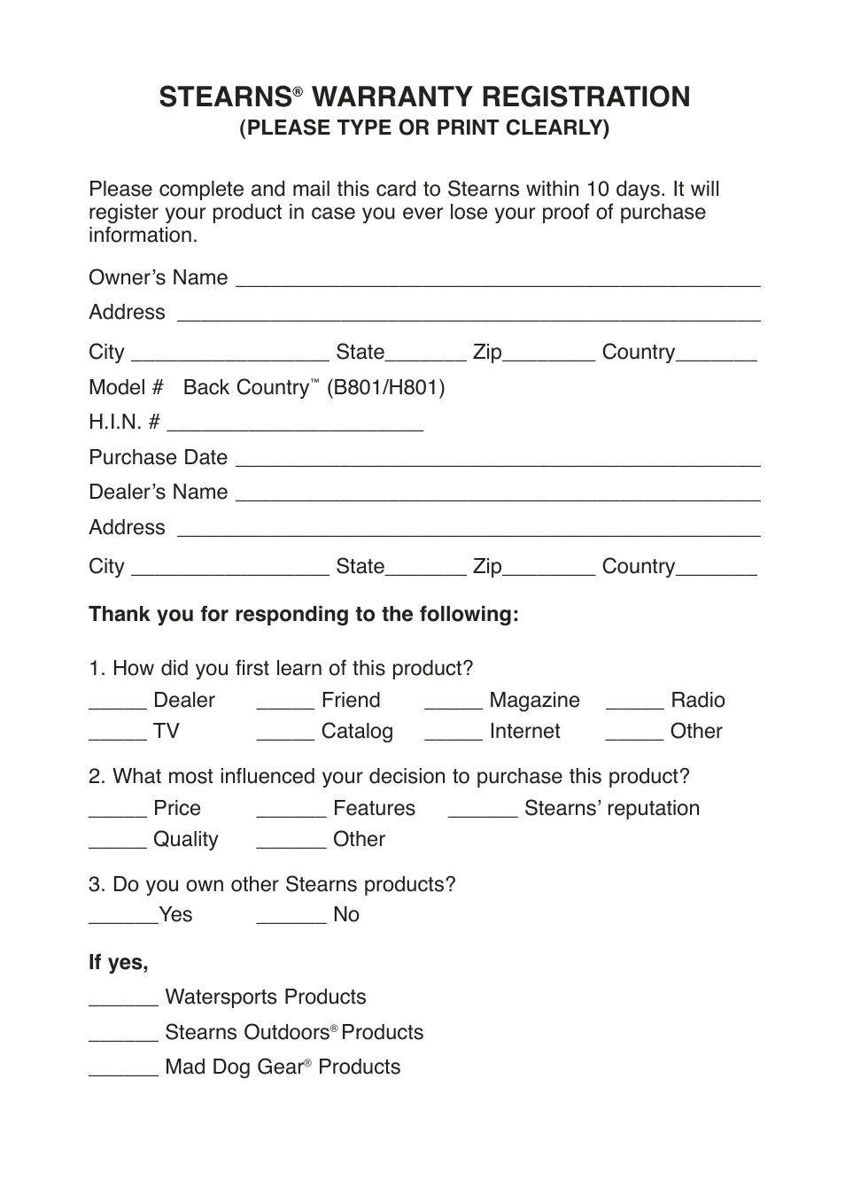 Stearns, Warranty registration | Stearns Recreational Back Country B801 Green Red User Manual | Page 73 / 74