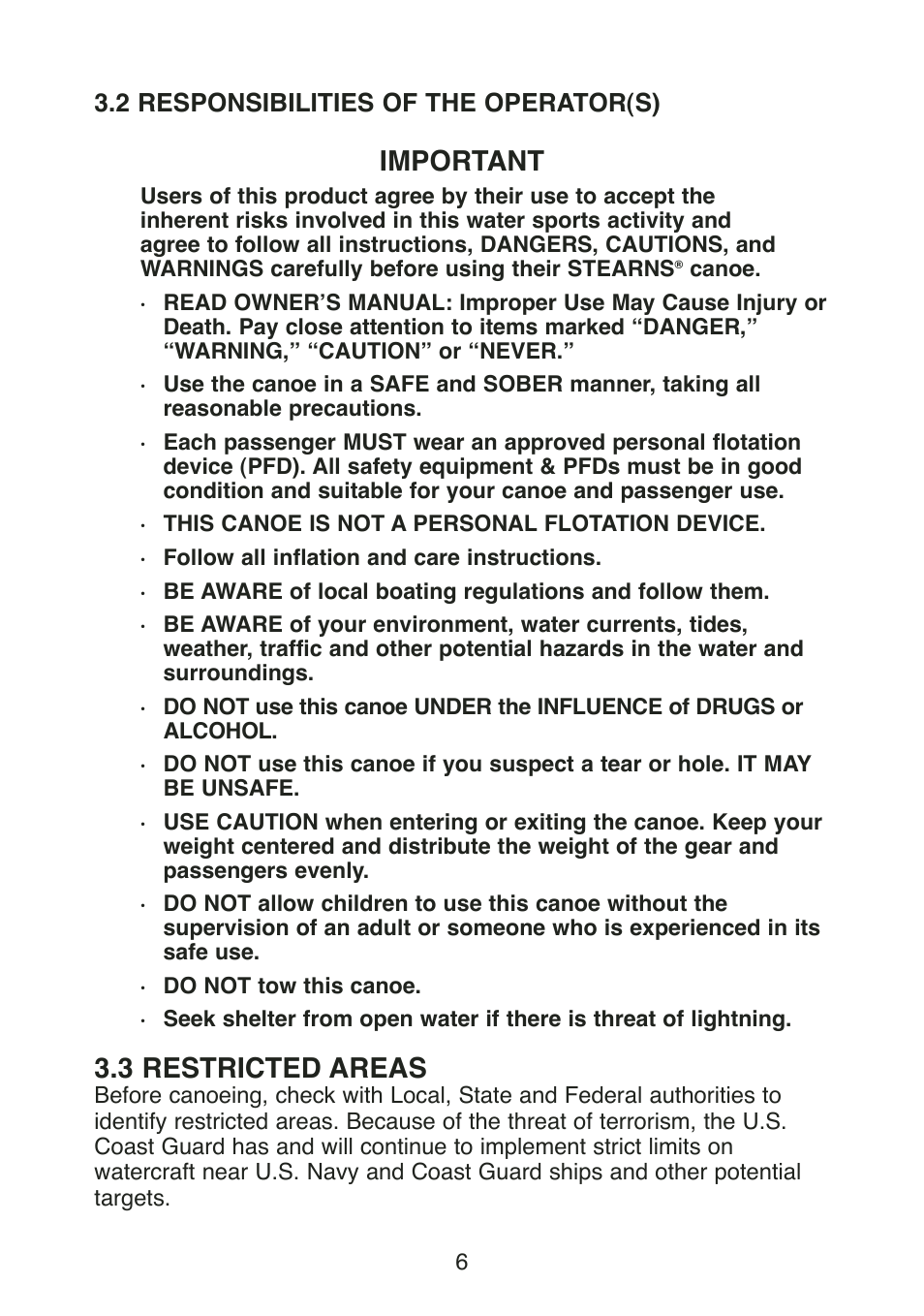 Important, 3 restricted areas, 2 responsibilities of the operator(s) | Stearns Recreational Back Country B801 Green Red User Manual | Page 8 / 74