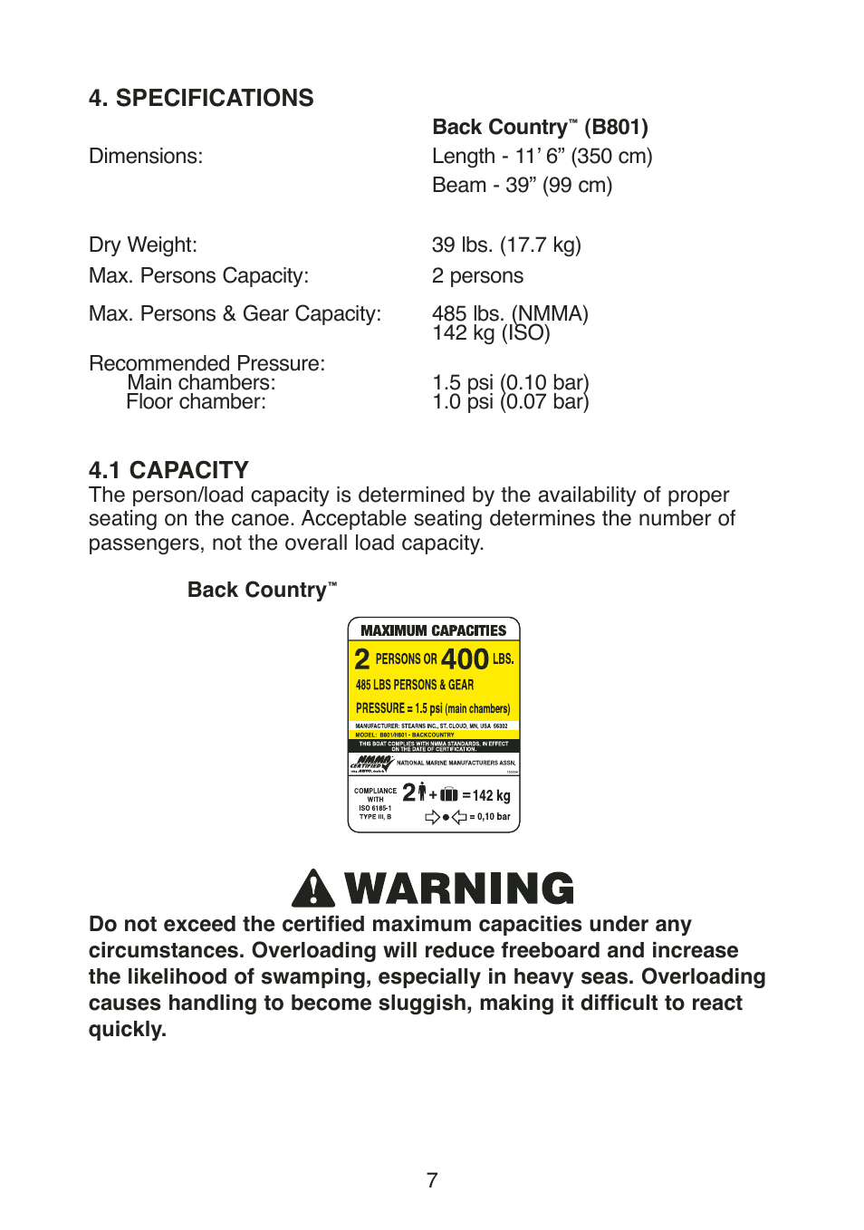 Specifications, 1 capacity | Stearns Recreational Back Country B801 Green Red User Manual | Page 9 / 74