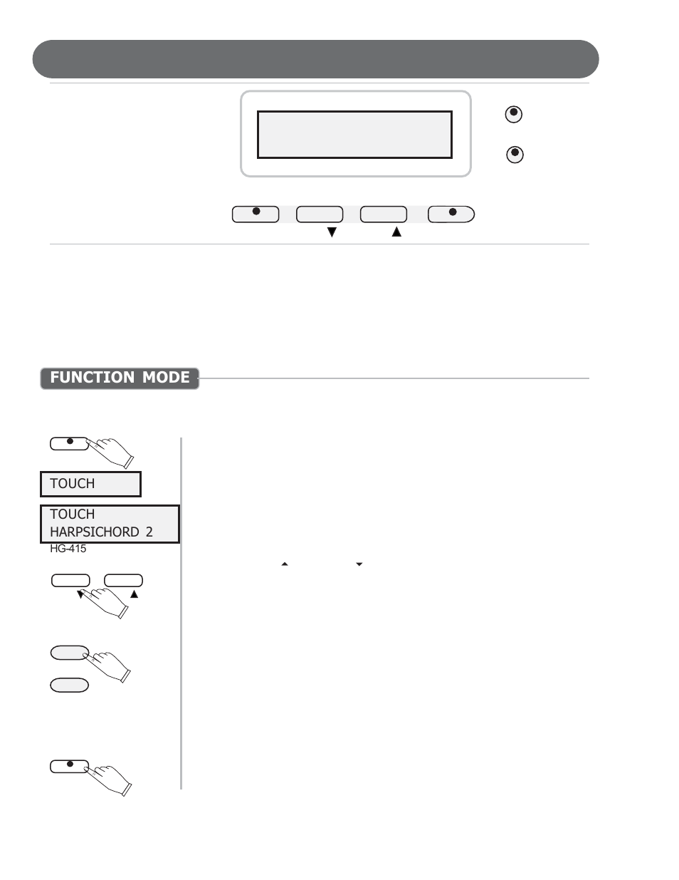 Functions, Function mode, Touch | Touch harpsichord 2 | Suzuki Musical Instrument Corp. HP-97 User Manual | Page 20 / 44