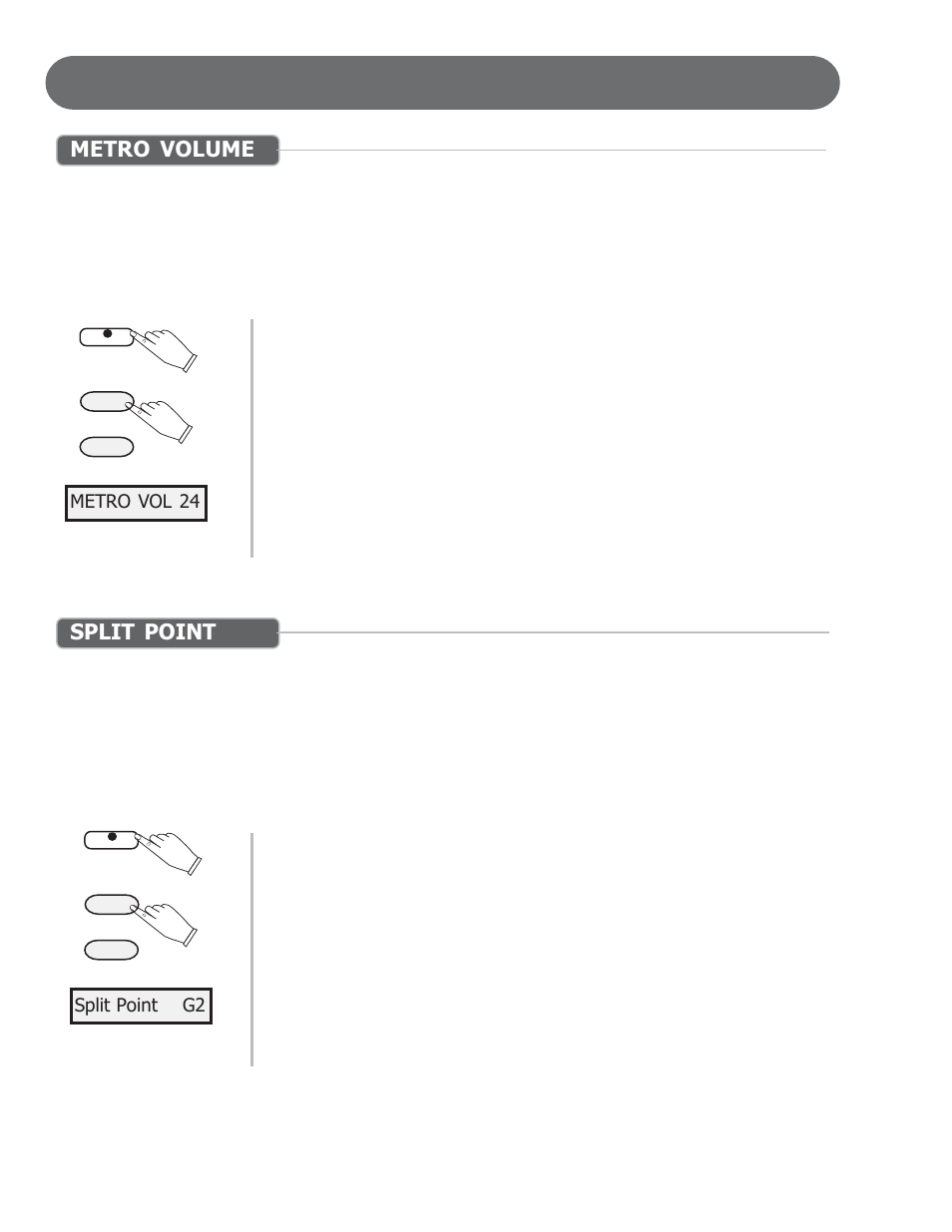 Functions, Metro volume, Split point | Suzuki Musical Instrument Corp. HP-97 User Manual | Page 22 / 44