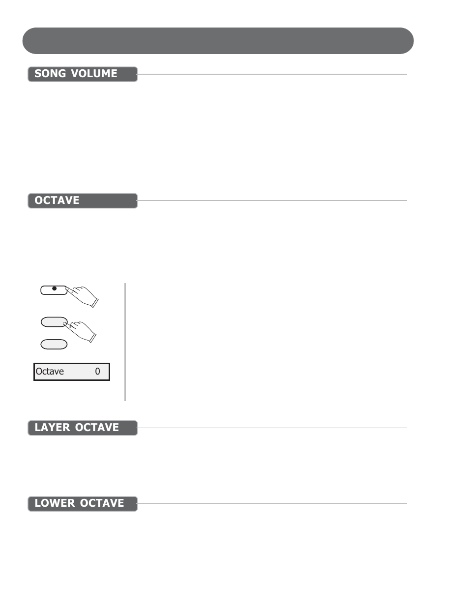 Functions, Song volume, Octave | Layer octave, Lower octave | Suzuki Musical Instrument Corp. HP-97 User Manual | Page 24 / 44