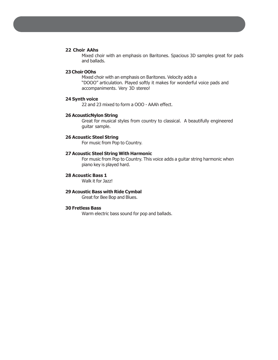 Voice descriptions | Suzuki Musical Instrument Corp. HP-97 User Manual | Page 38 / 44