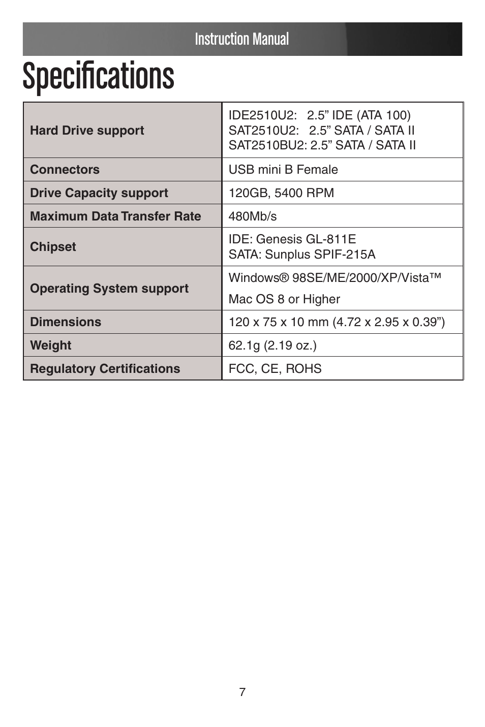 Specifications, Instruction manual | StarTech.com INFOSAFE SAT2510BU2 User Manual | Page 10 / 12