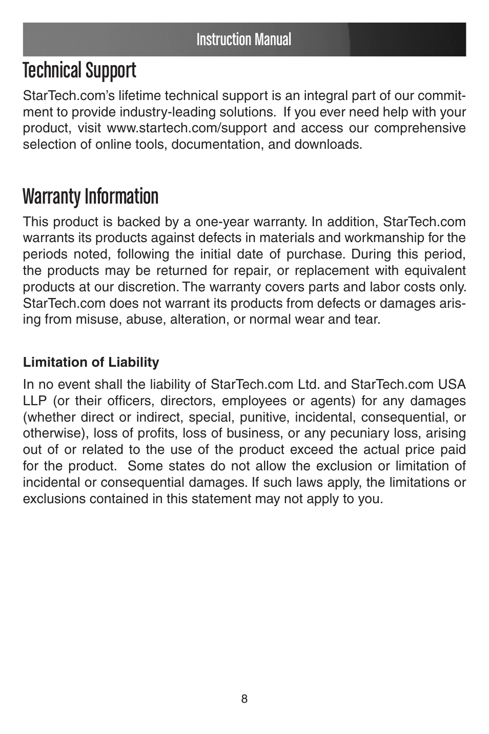 Technical support, Warranty information | StarTech.com INFOSAFE SAT2510BU2 User Manual | Page 11 / 12