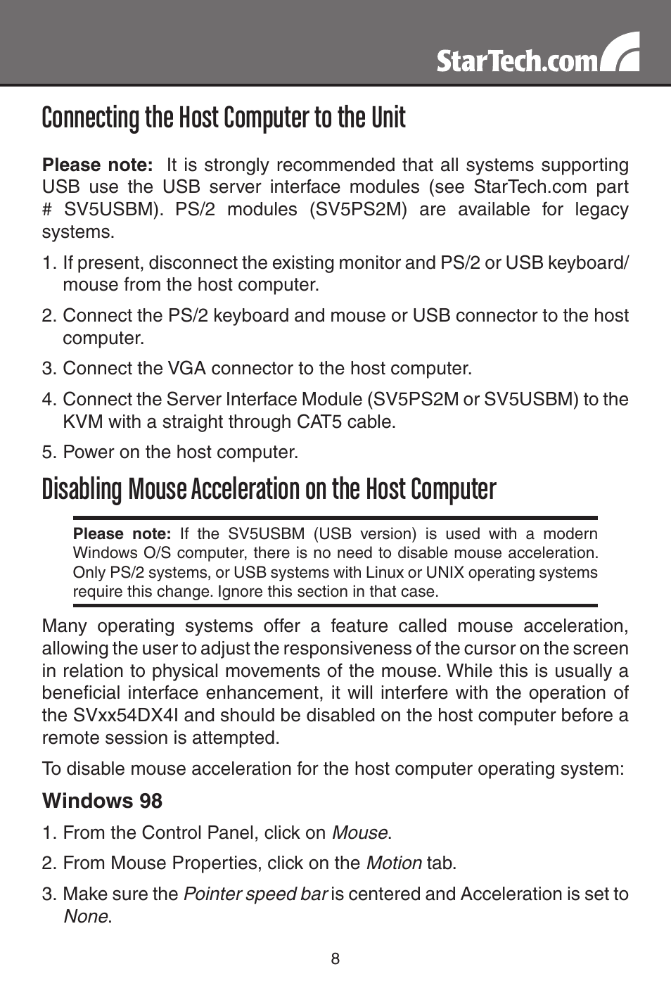 Connecting the host computer to the unit, Disabling mouse acceleration on the host computer | StarTech.com MATRIX SV3254DX4I User Manual | Page 13 / 72