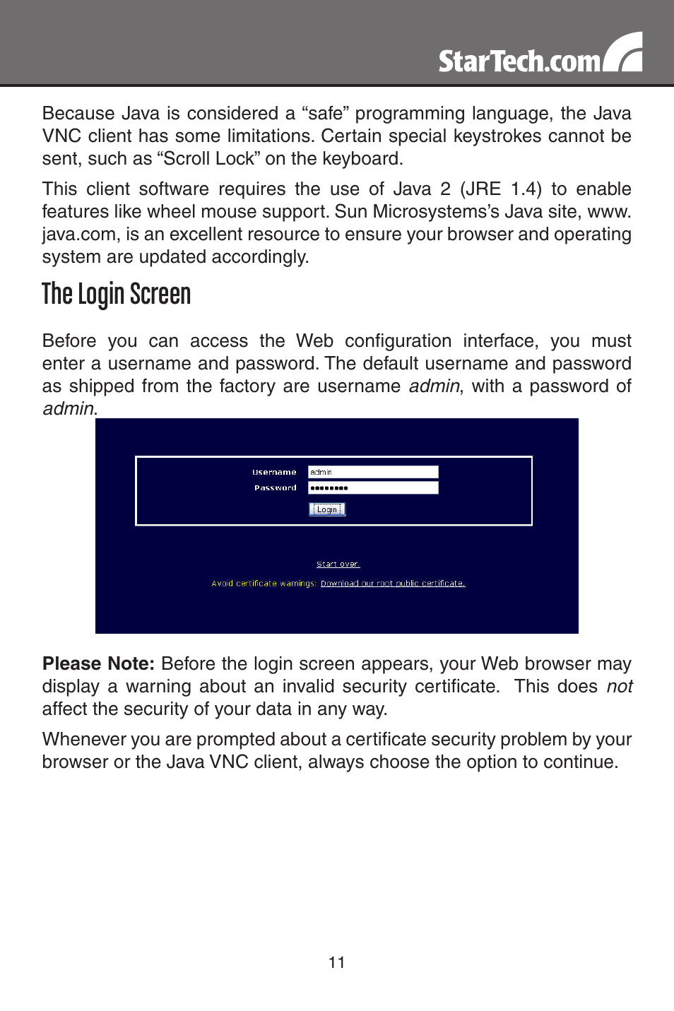 The login screen | StarTech.com MATRIX SV3254DX4I User Manual | Page 16 / 72