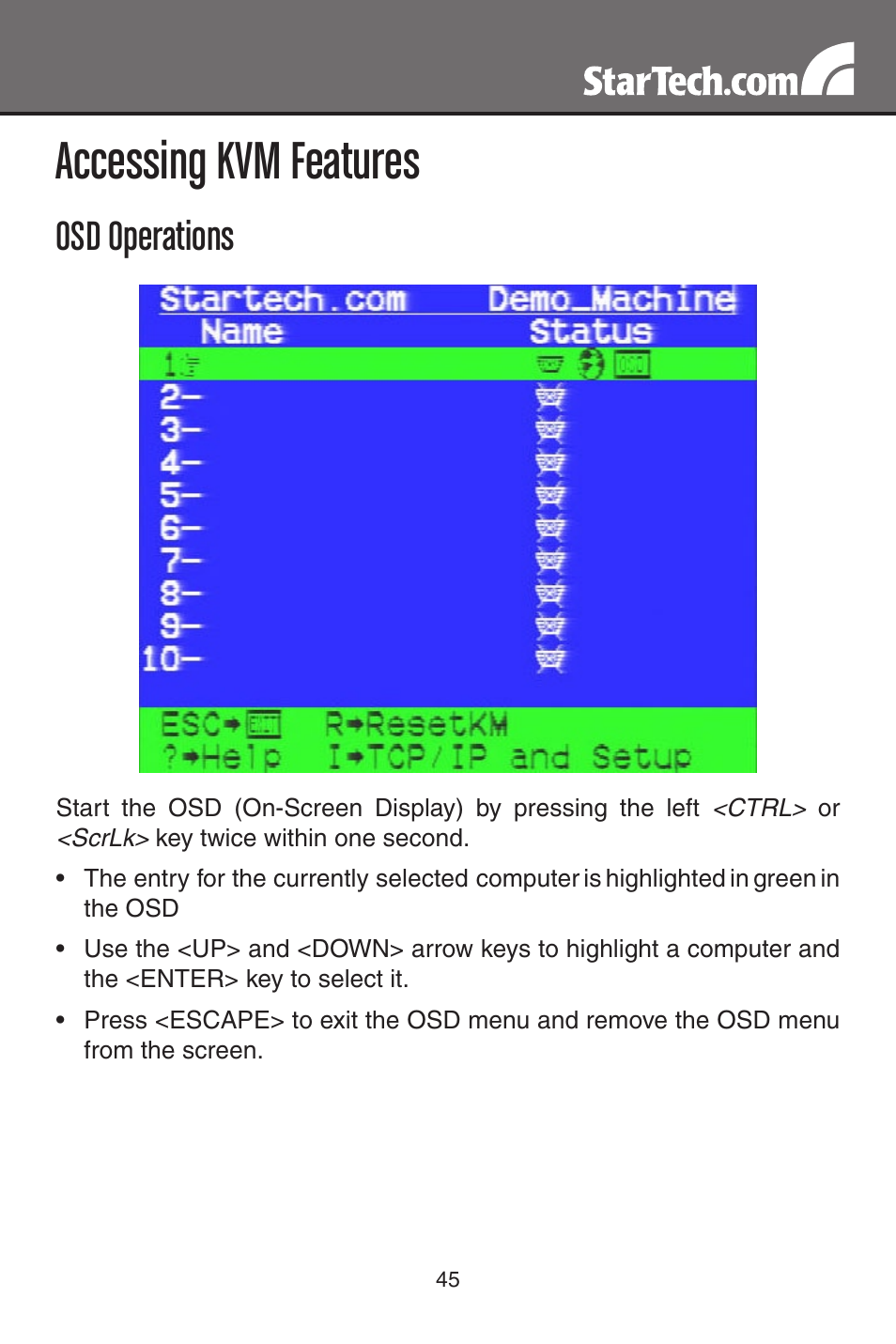 Accessing kvm features, Osd operations | StarTech.com MATRIX SV3254DX4I User Manual | Page 50 / 72