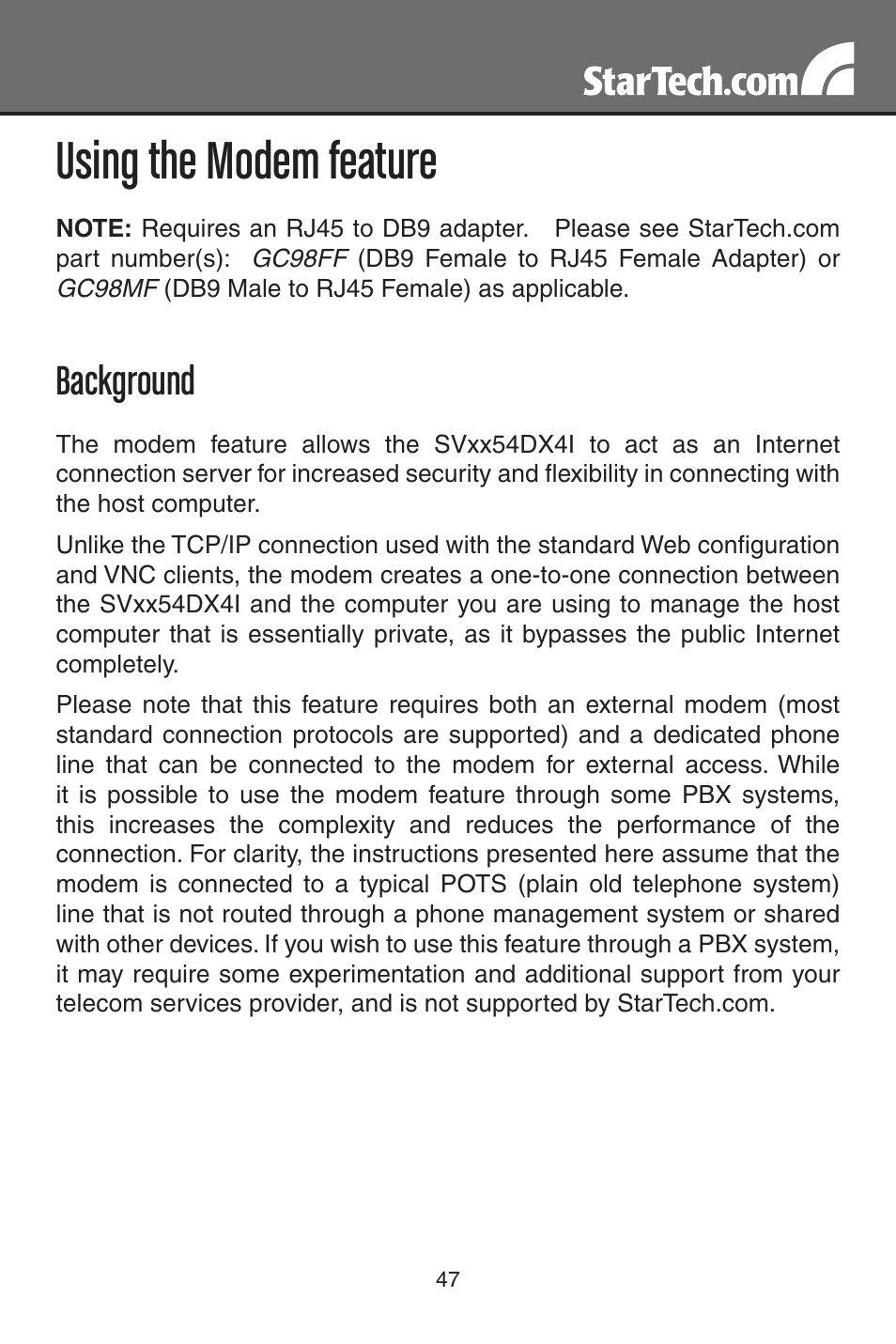 Using the modem feature, Background | StarTech.com MATRIX SV3254DX4I User Manual | Page 52 / 72