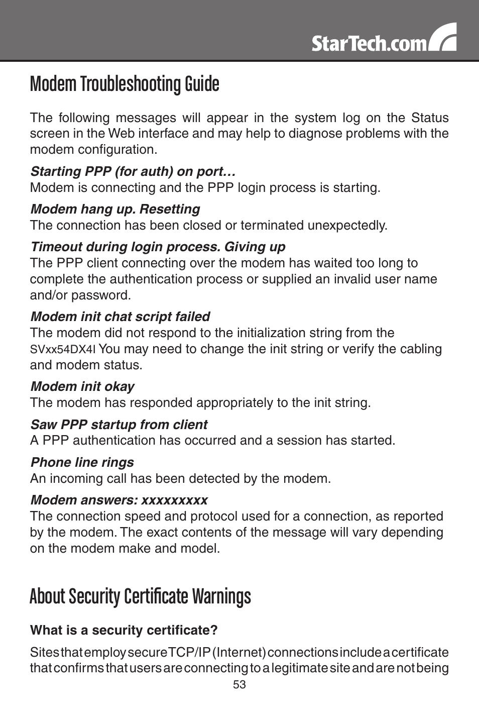 Modem troubleshooting guide, About security certificate warnings | StarTech.com MATRIX SV3254DX4I User Manual | Page 58 / 72