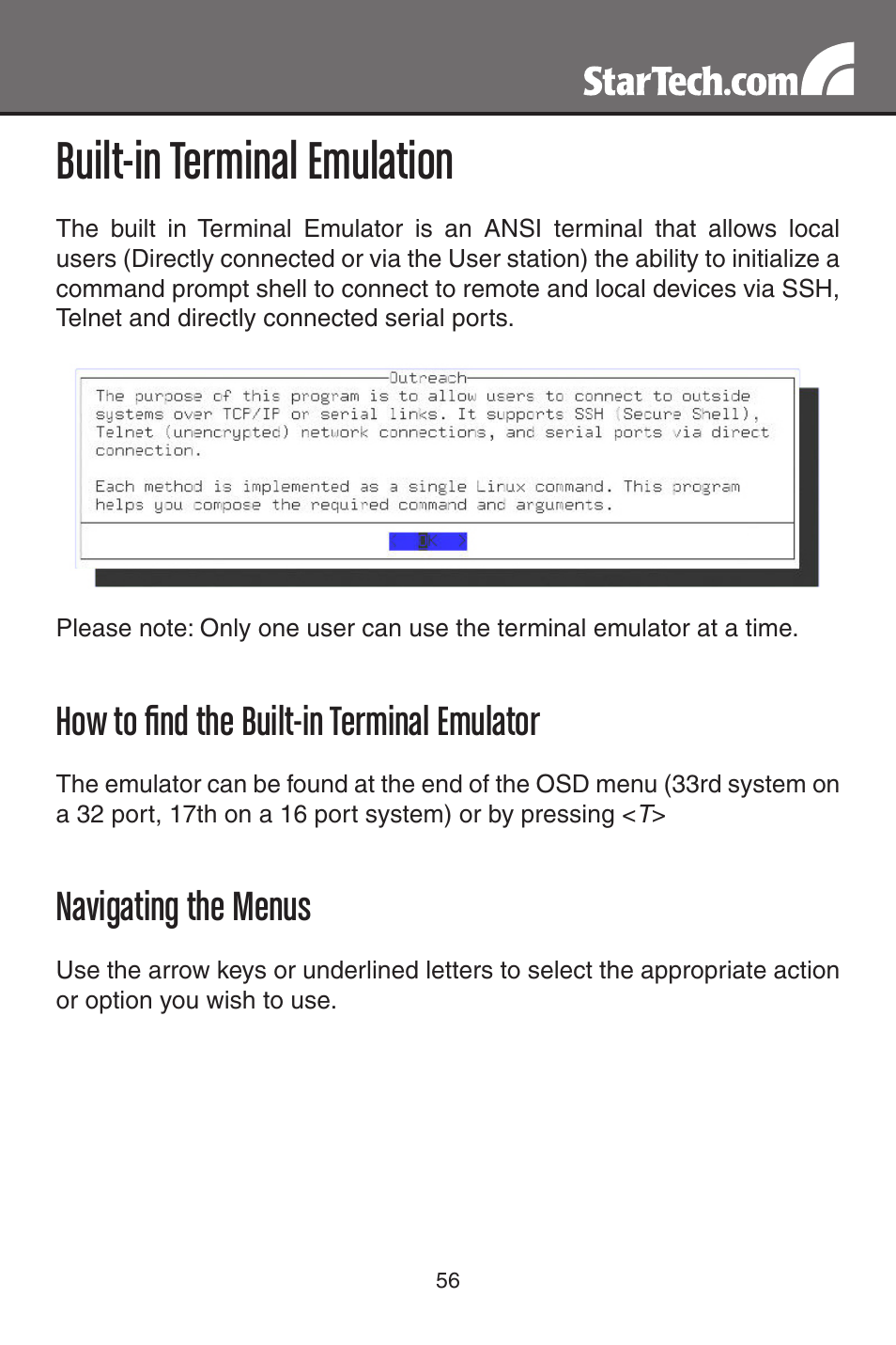 Built-in terminal emulation, How to find the built-in terminal emulator, Navigating the menus | StarTech.com MATRIX SV3254DX4I User Manual | Page 61 / 72