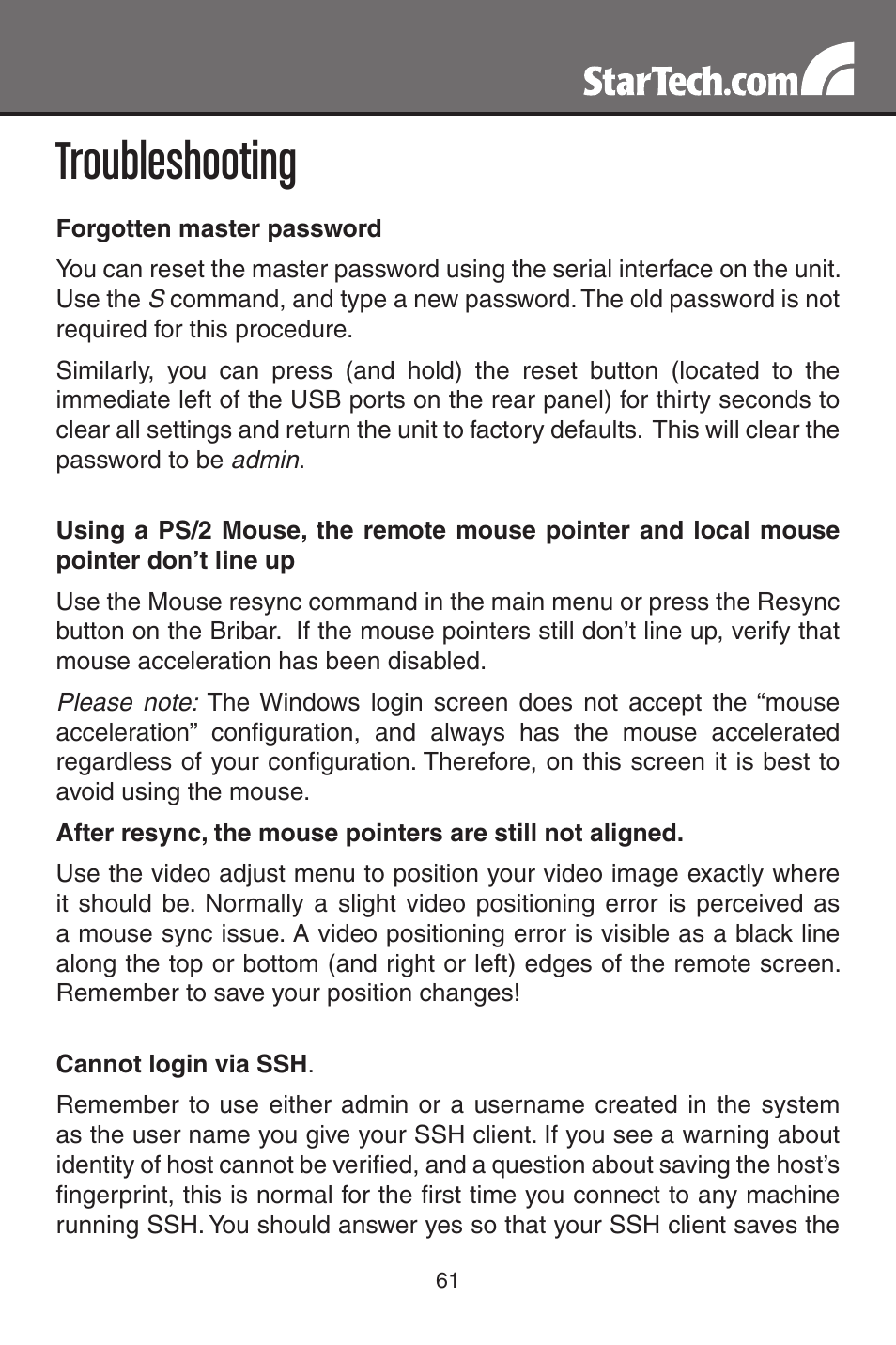 Troubleshooting | StarTech.com MATRIX SV3254DX4I User Manual | Page 66 / 72