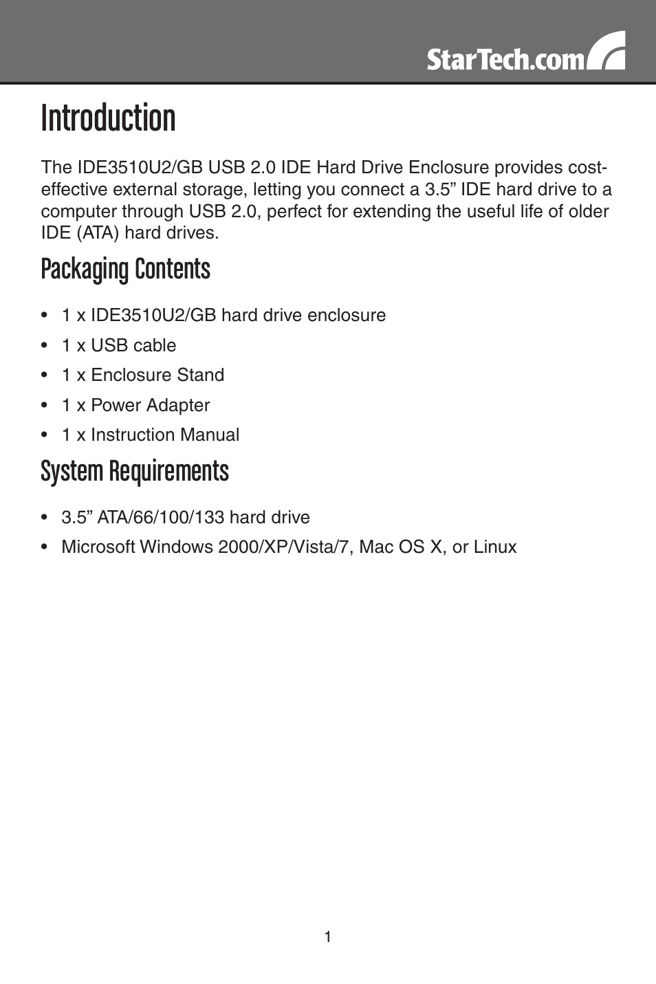 Introduction, Packaging contents, System requirements | StarTech.com IDE3510U2 User Manual | Page 4 / 11