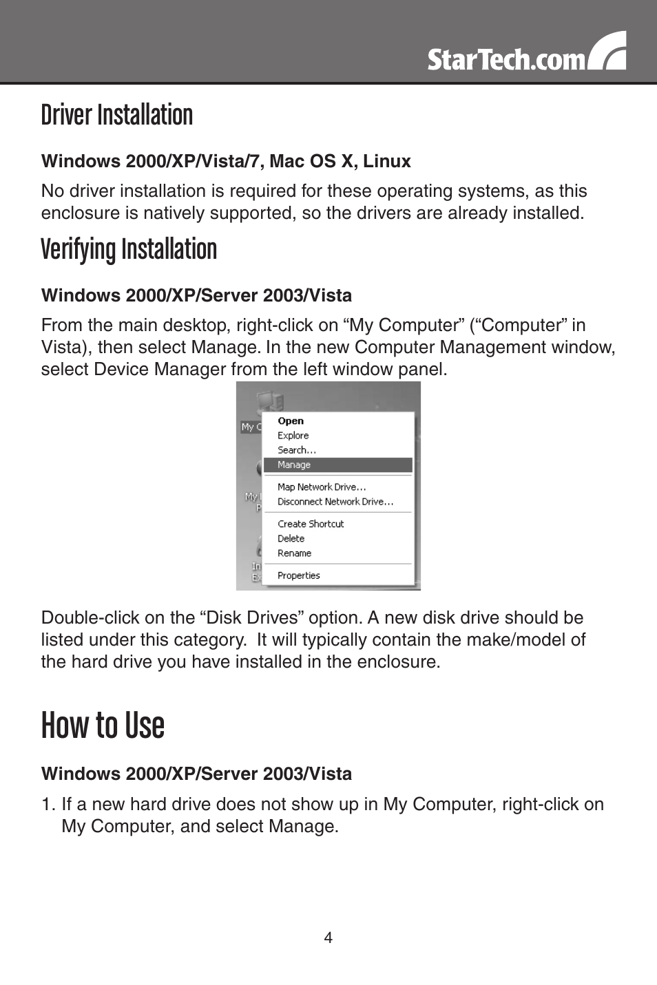 How to use, Driver installation, Verifying installation | StarTech.com IDE3510U2 User Manual | Page 7 / 11