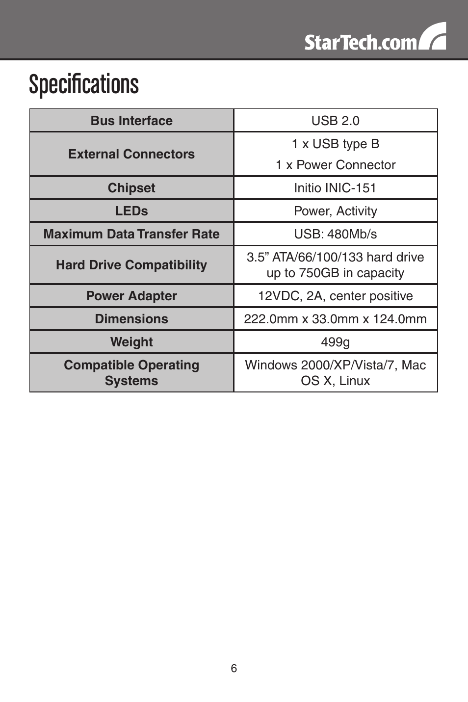 Specifications | StarTech.com IDE3510U2 User Manual | Page 9 / 11