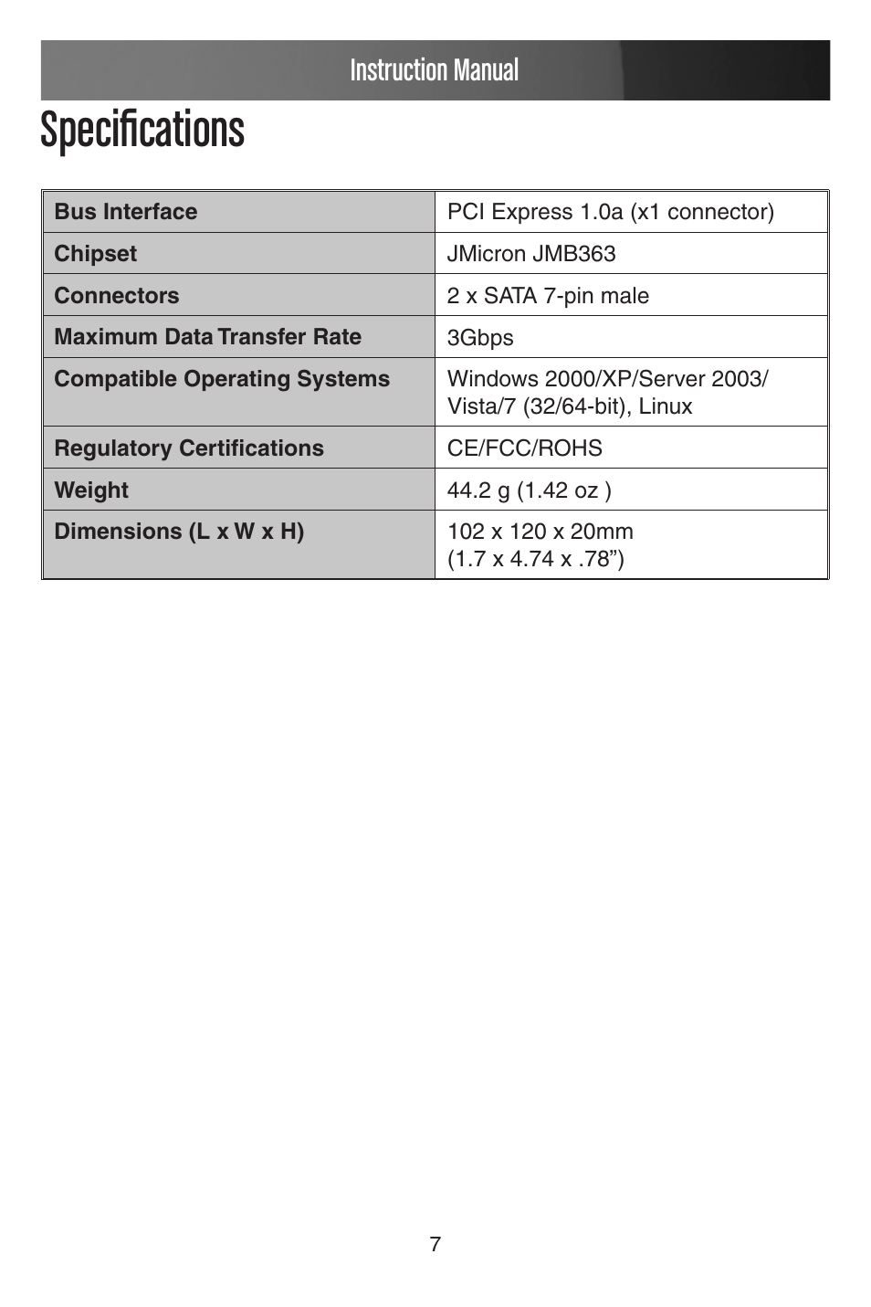 Specifications, Instruction manual | StarTech.com PEXSATA22I User Manual | Page 10 / 12