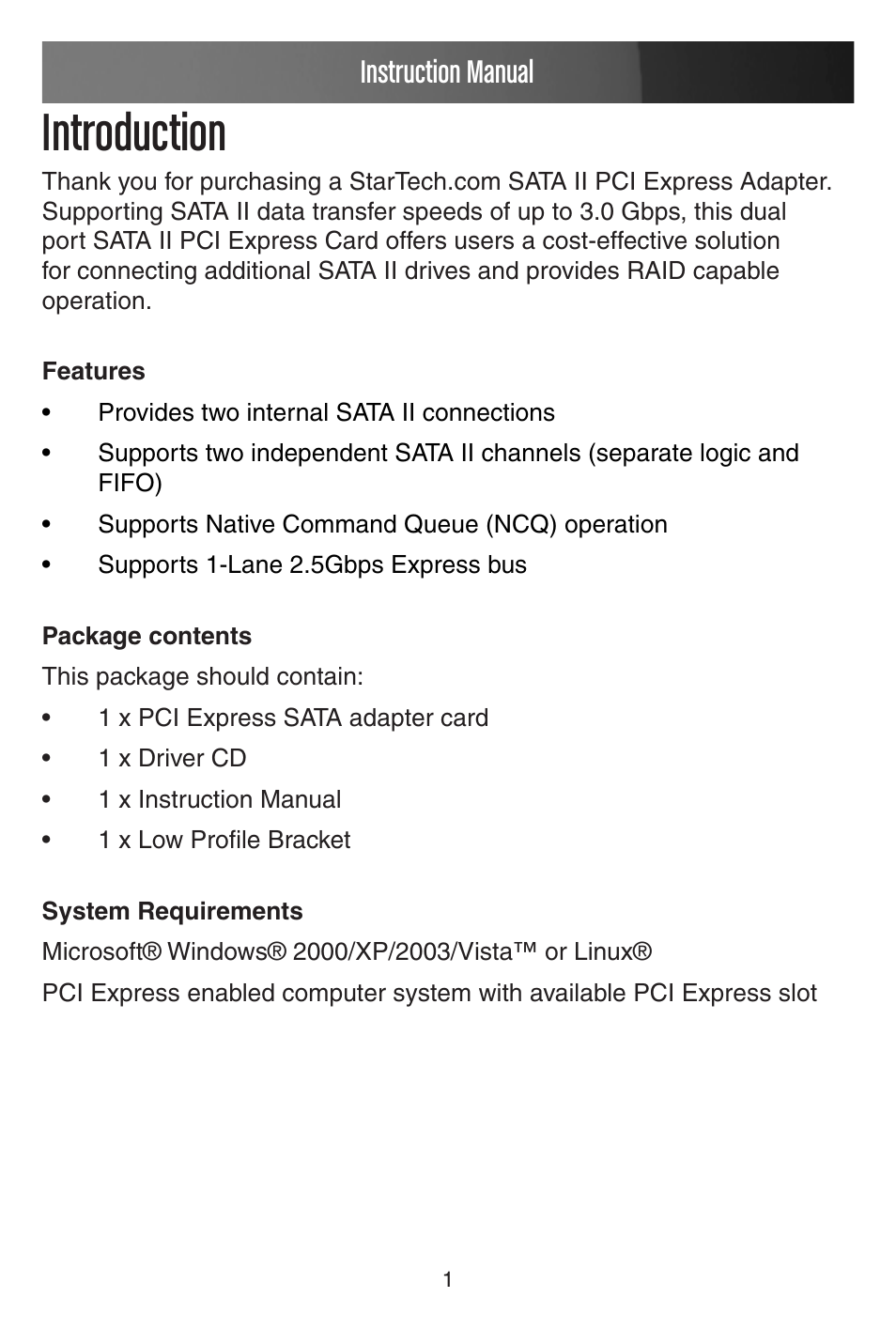 Introduction, Instruction manual | StarTech.com PEXSATA22I User Manual | Page 4 / 12