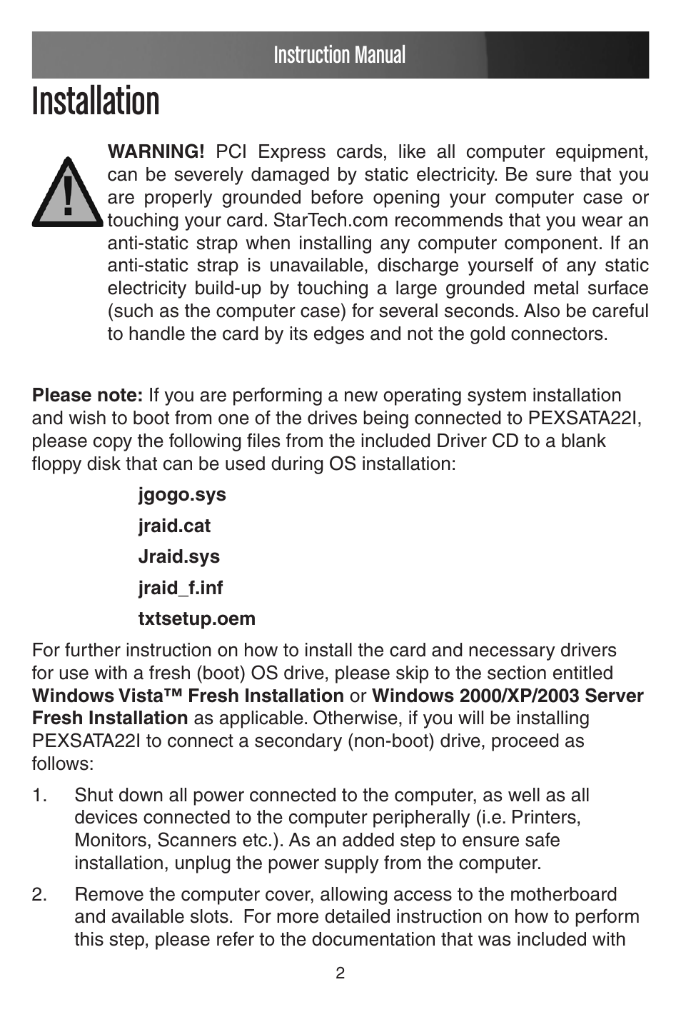 Installation, Instruction manual | StarTech.com PEXSATA22I User Manual | Page 5 / 12