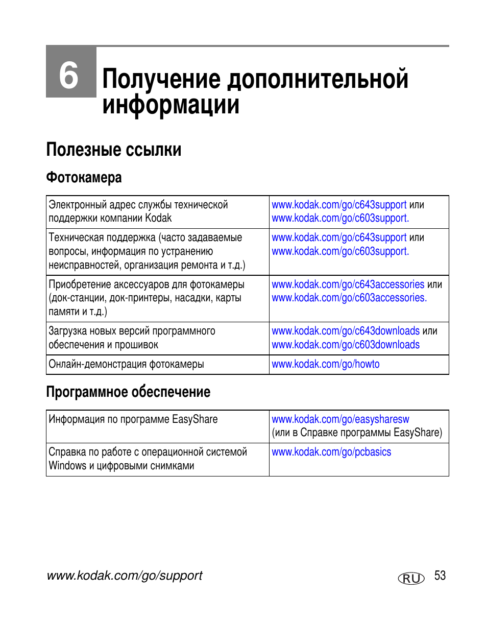 Получение дополнительной информации, Полезные ссылки, Фотокамера | Программное обеспечение | Kodak C603 User Manual | Page 59 / 83