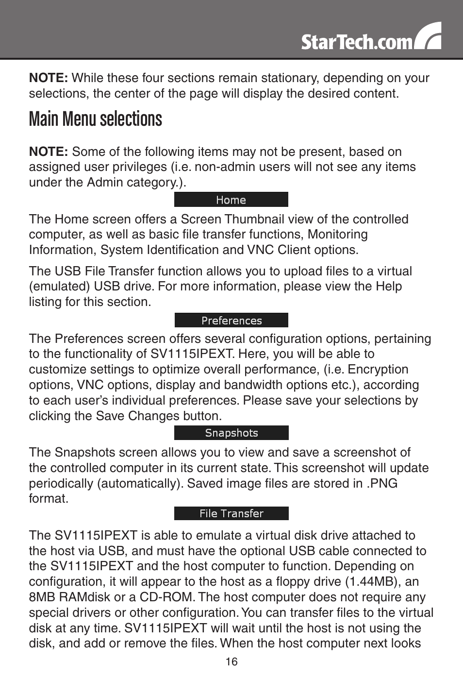 Main menu selections | StarTech.com SV1115IPEXT User Manual | Page 20 / 67
